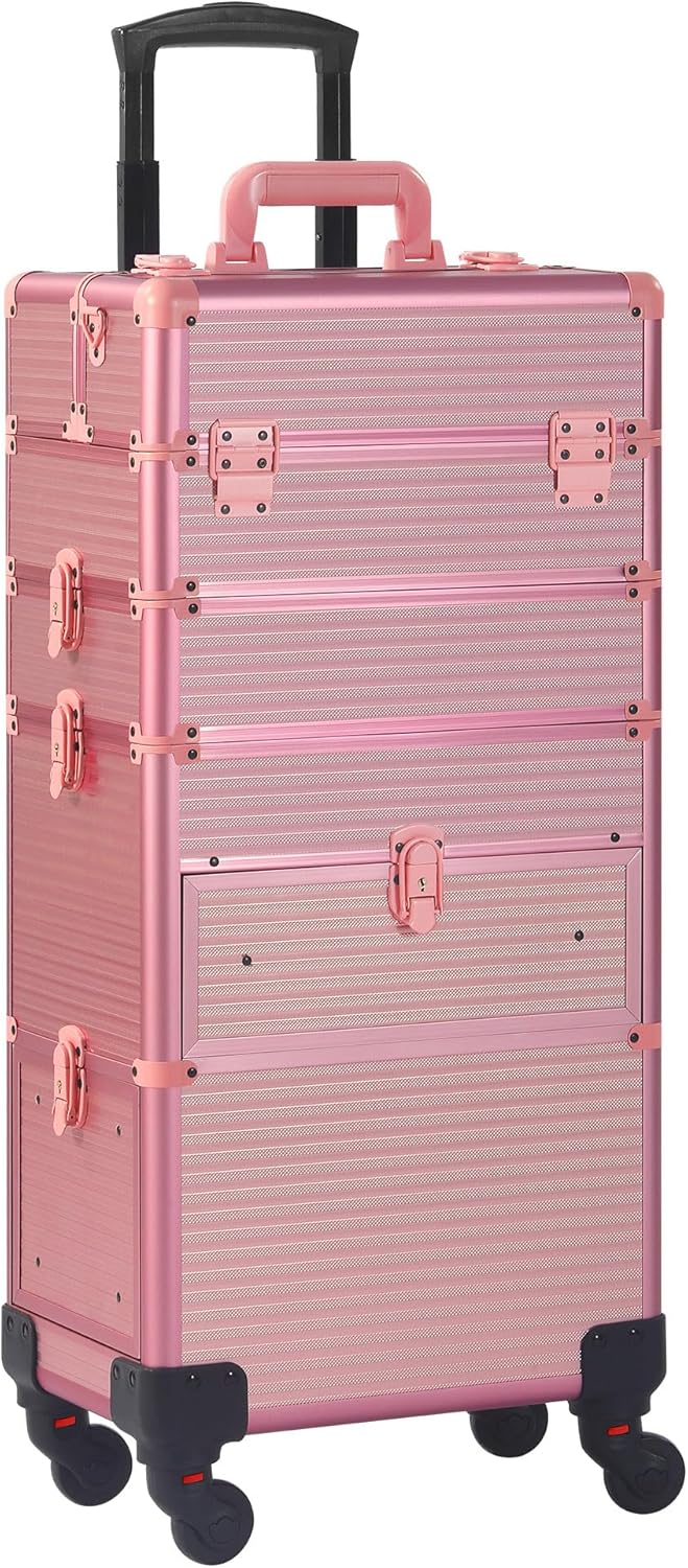 Rolling Makeup Case with Drawer, Makeup Train Case, 4 in 1Cosmetology Case on Wheels, Christmas Gift, Large Makeup Case Organizers, Profesional Cosmetic Case for Salon Barber, Light pink - Image 8