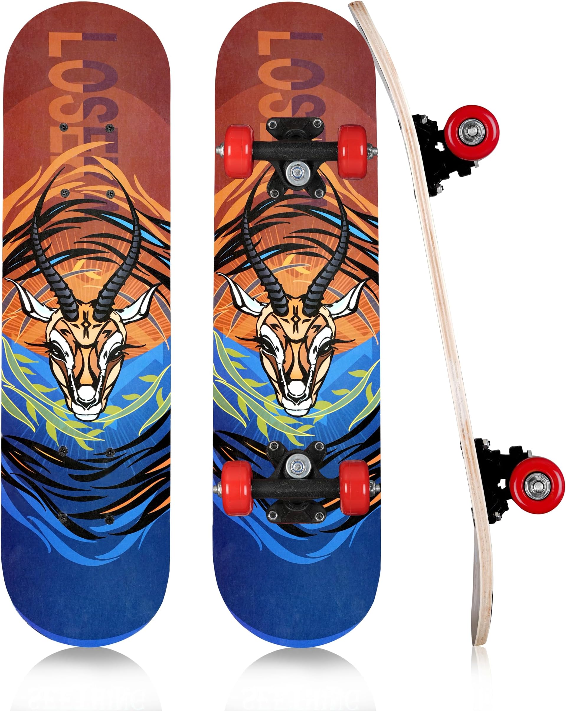 STAR WORK 28 CM Maple Deck Skate Board for Cruising, Carving, Tricks and Downhill Bearings, Durable Deck, Smooth Wheels (Deer)