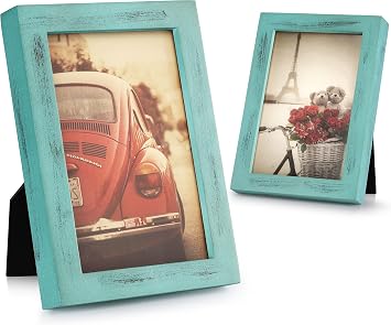 Emfogo 4x6 Picture Frame, Pack of 2 Photo Frame with Real Glass, Solid Wood Rustic Picture Frames 4x6 Display for Wall Decor Vintage Teal