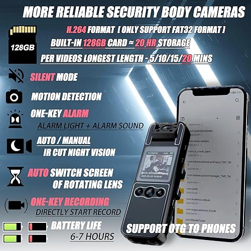 Miniatura 5 de Cámara corporal con grabación de audio y video, cámara corporal HD 1080P con lente giratoria de 180, batería de 6 horas, visión nocturna automática