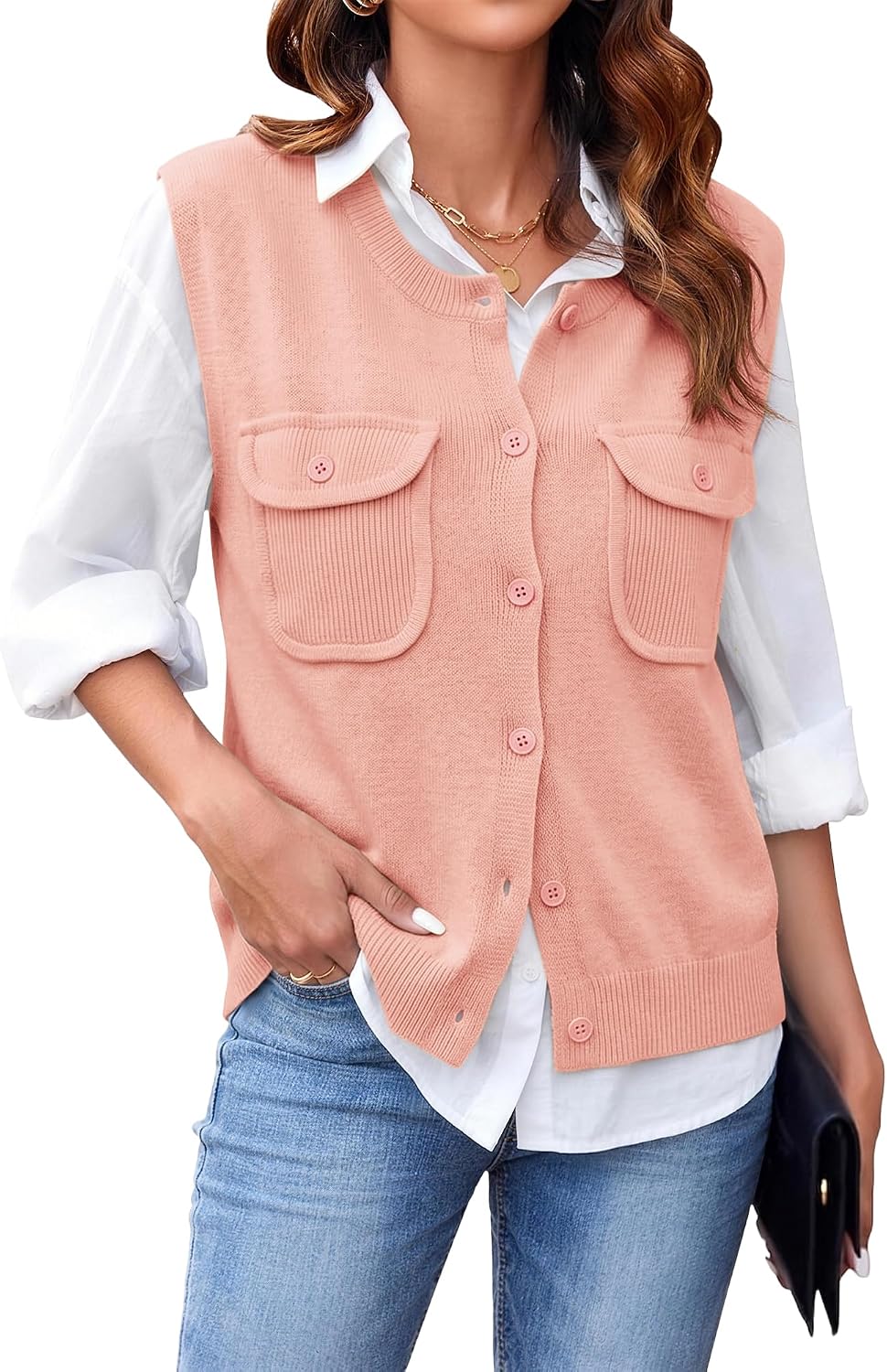 COCCKO Women's Sleeveless Crew Neck Sweater Vest, Knit Button Up Cardigan with Pockets, Summer Business Casual Office 2026