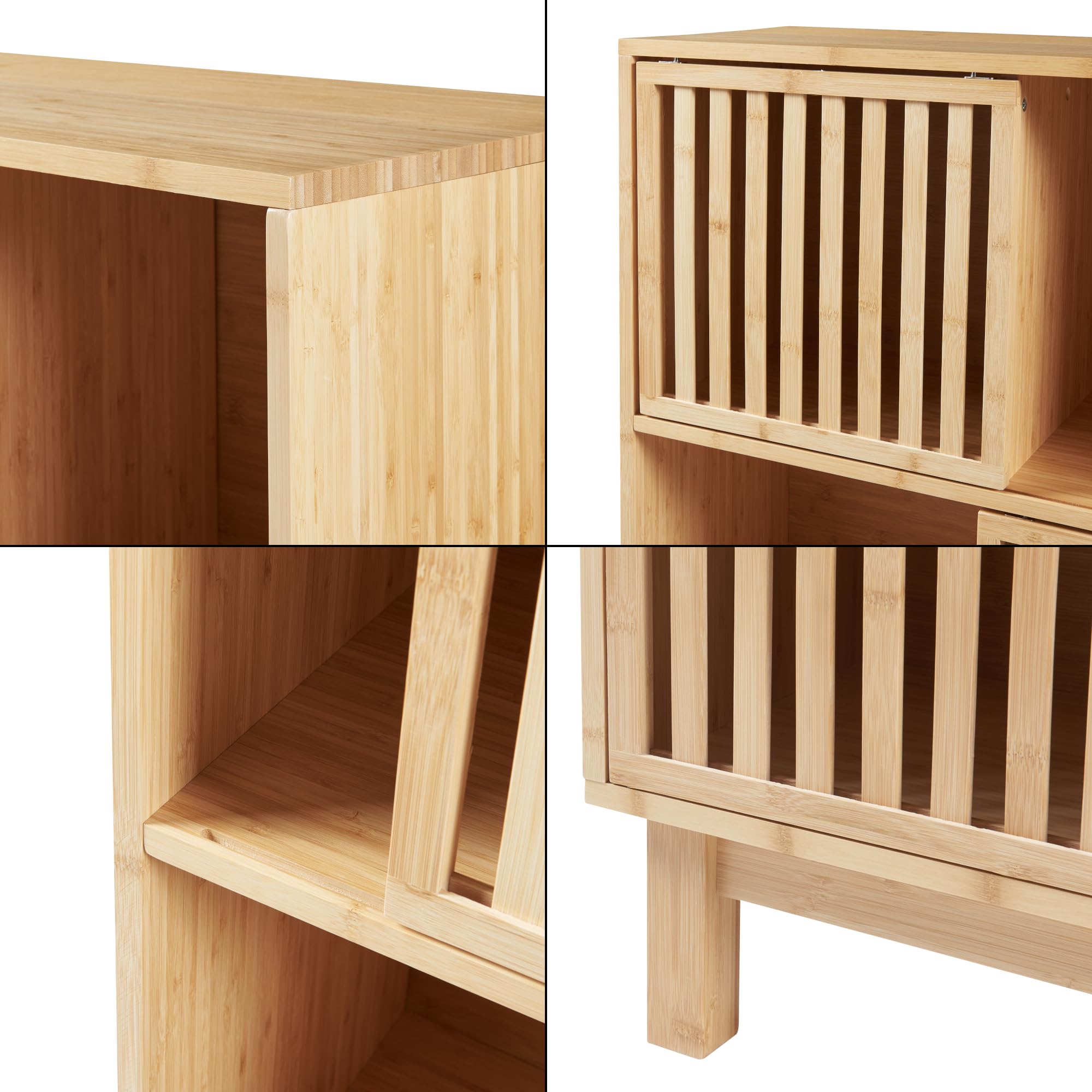 [en.casa] Estantería de Pie Ypäjä con 6 Compartimentos Estanteria Independiente con 3 Puertas Corredoras Librería para Salón Oficina Dormitorio Estable Sostenible Bambú 126x76x33cm - Natural