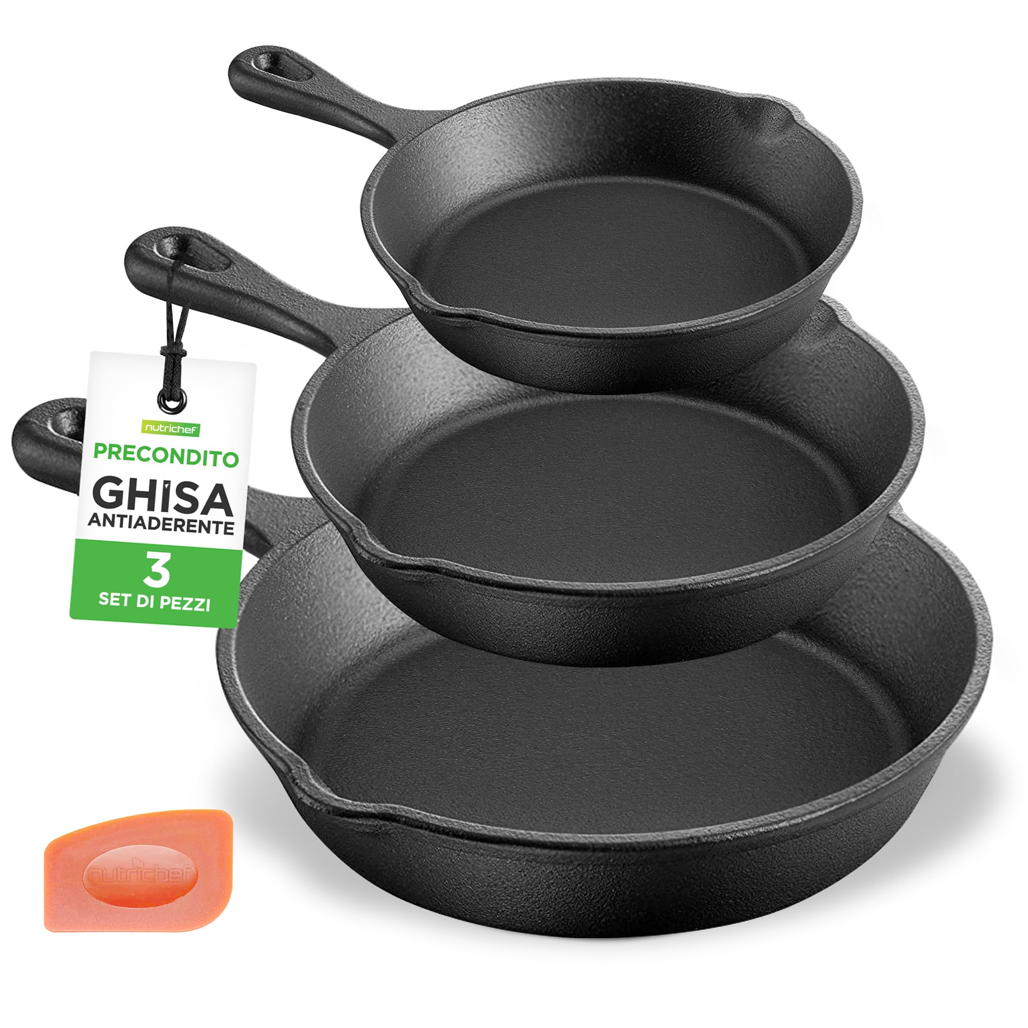 NutriChef Padella Ghisa Pretrattata, Set 3 Pezzi con Padella Antiaderente, Beccuccio Laterale e Raschietto, Compatibile con Gas, Induzione ed Elettrico, per Carne, Uova e Verdura
