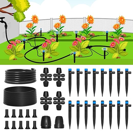 MIXC Drip Irrigation System,Quick Connector Garden Watering System Automatic Sprinkler System Kit for Lawn Raised Bed Greenhouse Plant Watering System (16FT Main Tube+ 79FT 1/4'' Tube)
