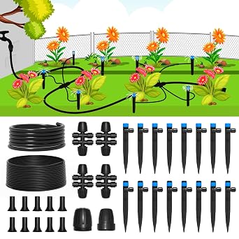 MIXC Drip Irrigation System,Quick Connector Garden Watering System Automatic Sprinkler System Kit for Lawn Raised Bed Greenhouse Plant Watering System 16FT Main Tube+ 79FT 1/4 Tube