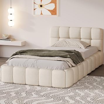 BestAlice Bubble Cloud Bed Frame,Upholstered Platform Bed,Contemporary Bed Frame with Wooden Slats,Padded Headboard and Footboard,Low Platform Bed for Adults,Teens,Linen Beige-PA, 90x190cm