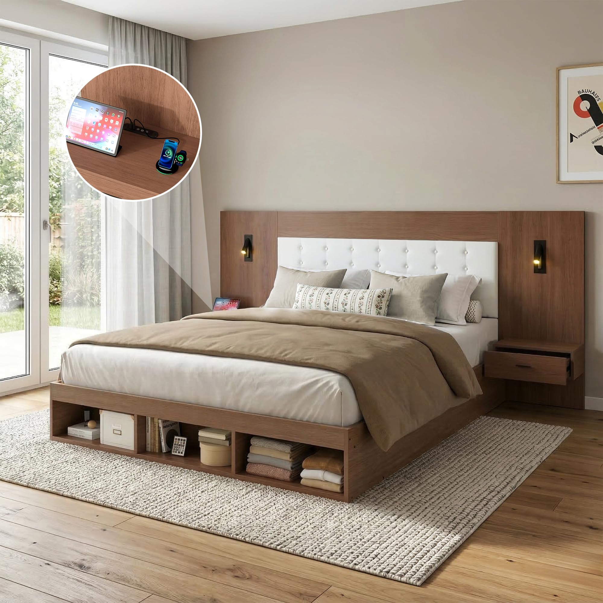 Letto matrimoniale 180x200 con USB e Type-C e lampada da lettura, Letto contenitore con 2 comodini, Struttura letto matrimoniale Legno legno di noce (Senza Materasso)