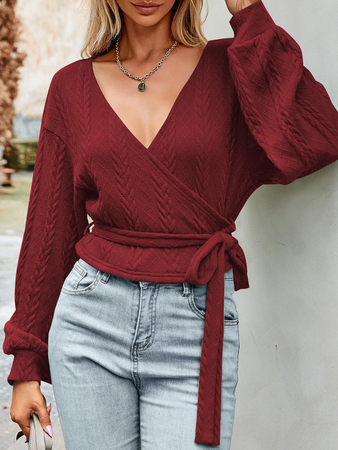 ZAFUL Women's V Neck Sweater Lantern Long Sleeve Pullover Cable Knit Cross Crop Top Casual Tie Wrap Tunic Jumper Blouses - Image 4