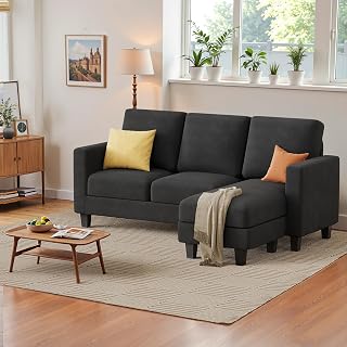 Furmax Convertible Sectional Sofa Couch for Living Room, 3 Seats L-Shaped Couch with Reversible Chaise, Small Sofa for Apartment (Linen Fabric, Dark Grey)
