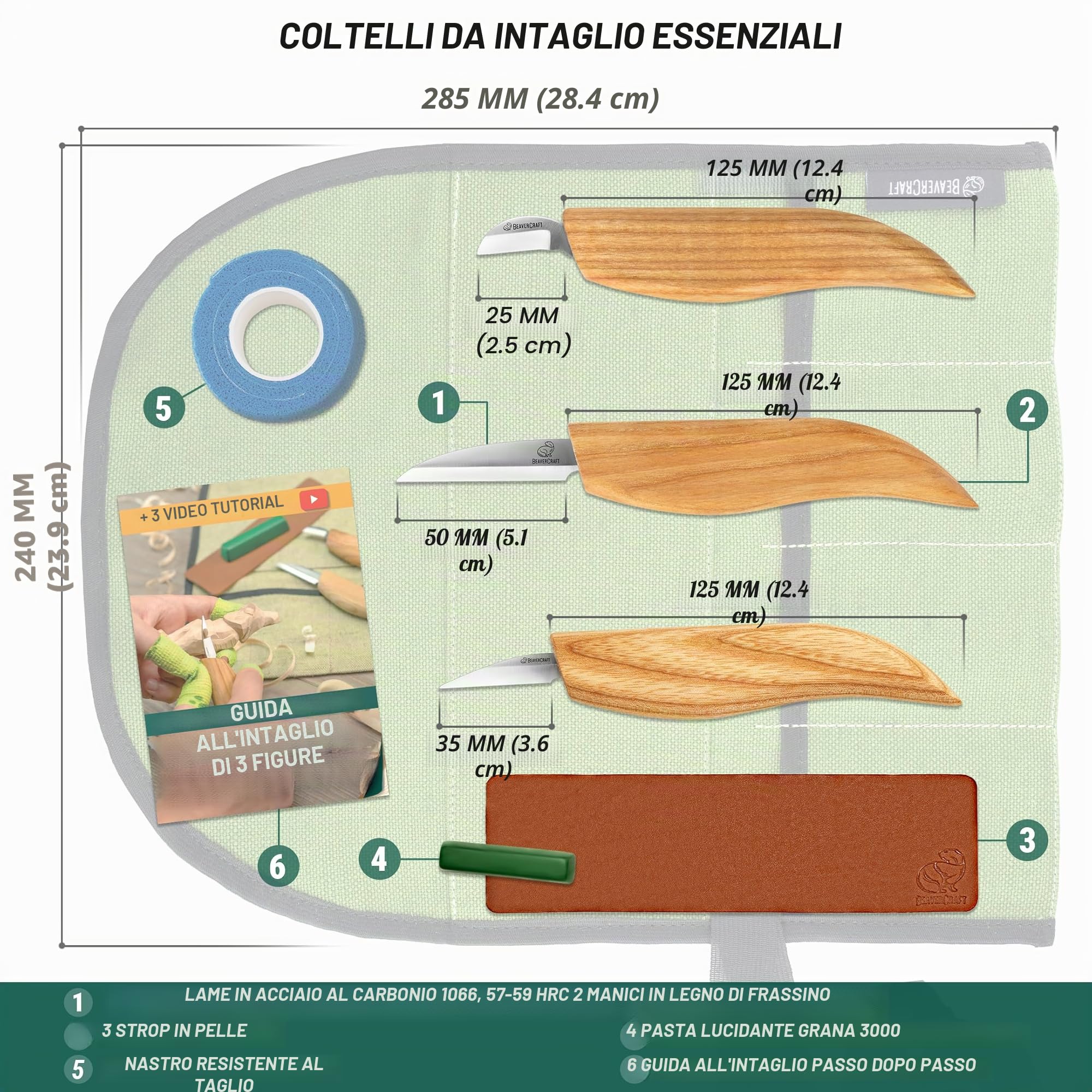BeaverCraft S15 - Kit per intaglio del legno, set di strumenti per intaglio del legno, kit di coltelli da intaglio, set di coltelli da intaglio, per principianti