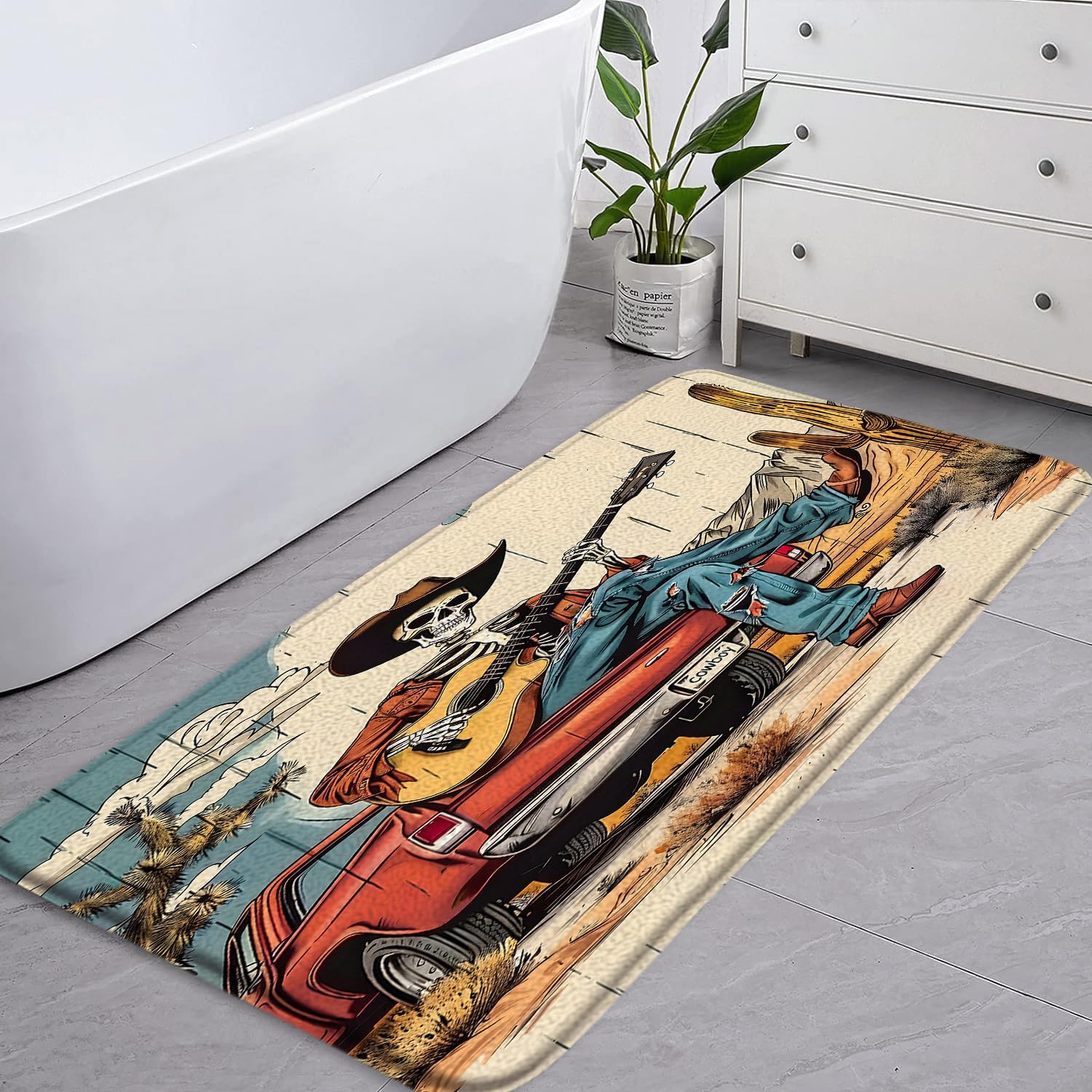 2 Pcs Funny Skeleton Bath Mat Gothic Western Cowboy Skull Desert Cactus Vintage Car Halloween Memory Foam Soft Doormat Kitchen Bathroom Mat/Rugs, 18x30 Inch and 16x48 Inch