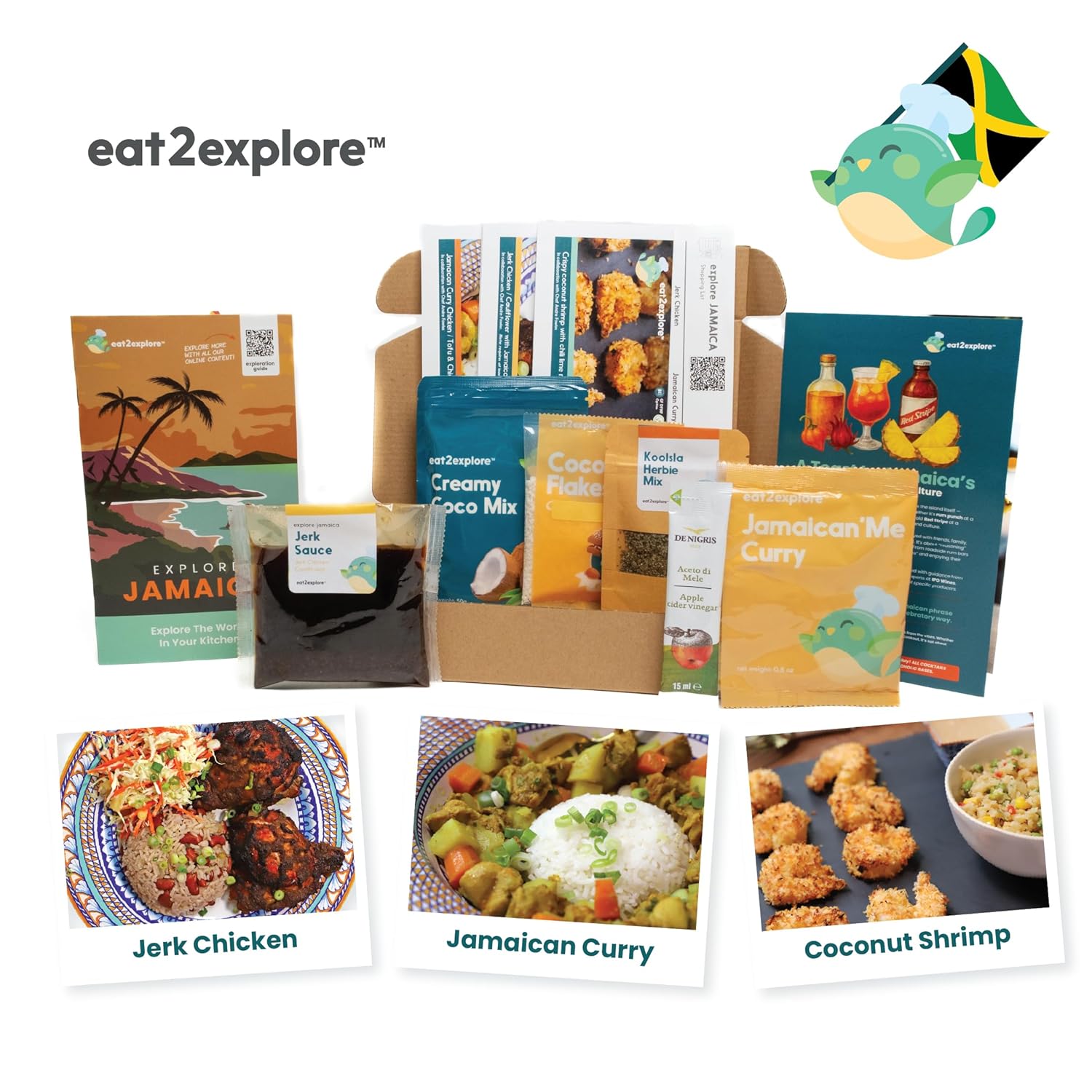 eat2explore Global Cooking Kit - Authentic Recipes, Essential Spices, Cultural Fun & Expert Drink Pairings - Perfect for Date Night and Dinner Parties (JAMAICA edition)