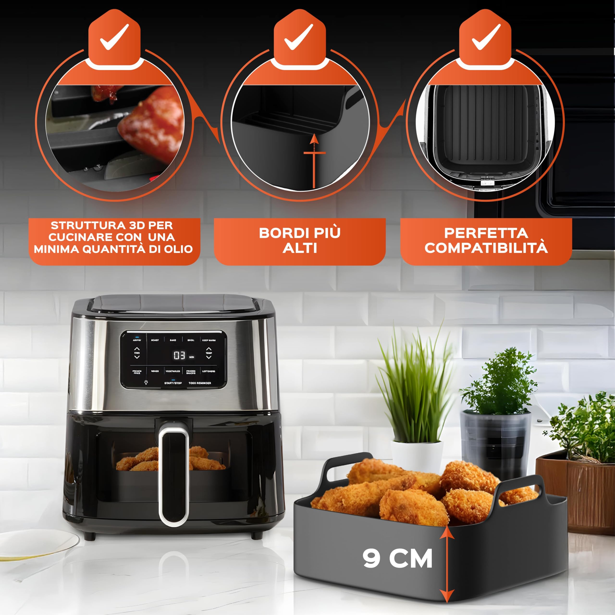 Accessori Friggitrice ad Aria per Philips 6,2L, Cosori e Cecotec | Set con teglia in silicone (23cm), griglia e teglia per pizza. Acciaio inox privo di BPA lavabile in lavastoviglie