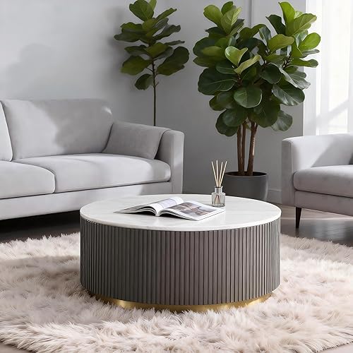 Miniatura 22 de KEVINSPACE Mesa de centro redonda de 39.37 pulgadas para sala de estar, mesa de café redonda de madera con almacenamiento mesas de centro para sala