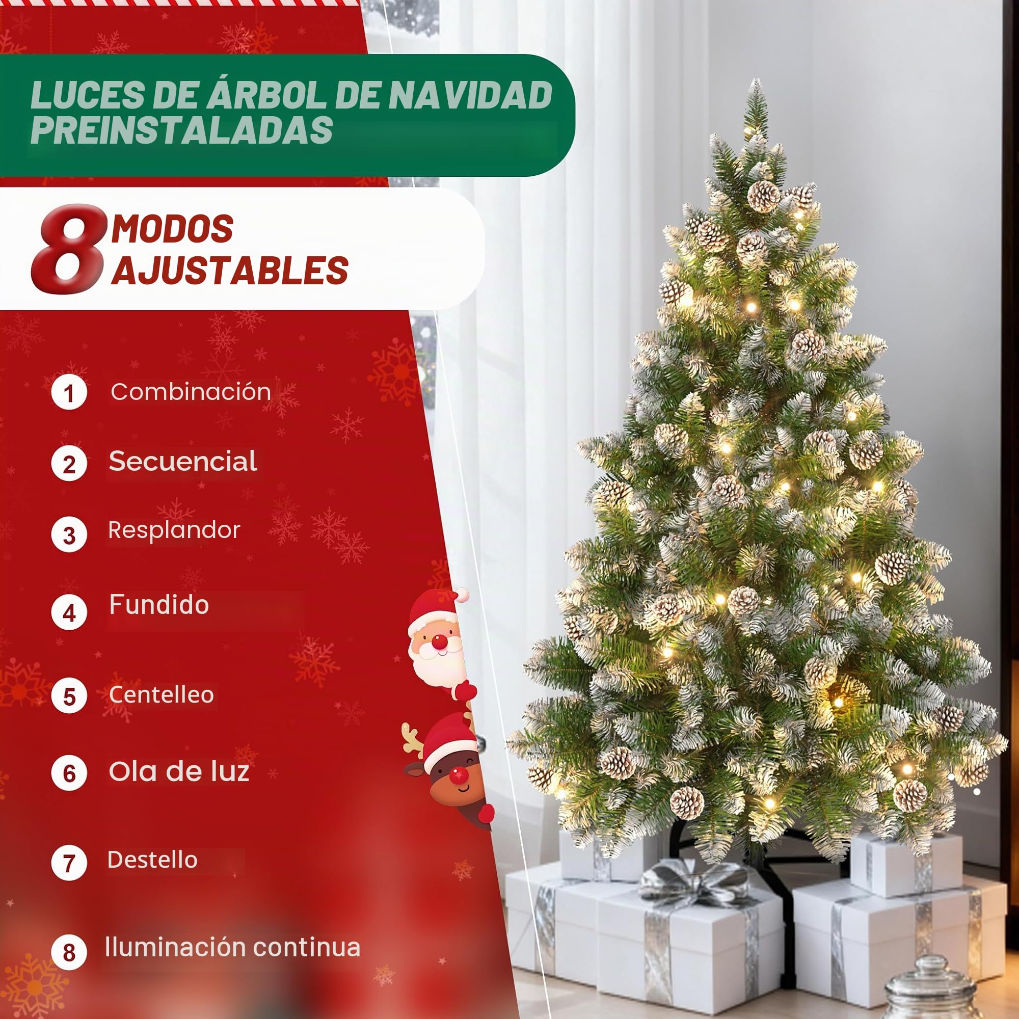 Aufun Árbol de Navidad Artificial con iluminación, árbol de Navidad Artificial de 180 cm con Nieve y piñas, Abeto Noble, Montaje rápido, Incluye Soporte para árbol de Navidad