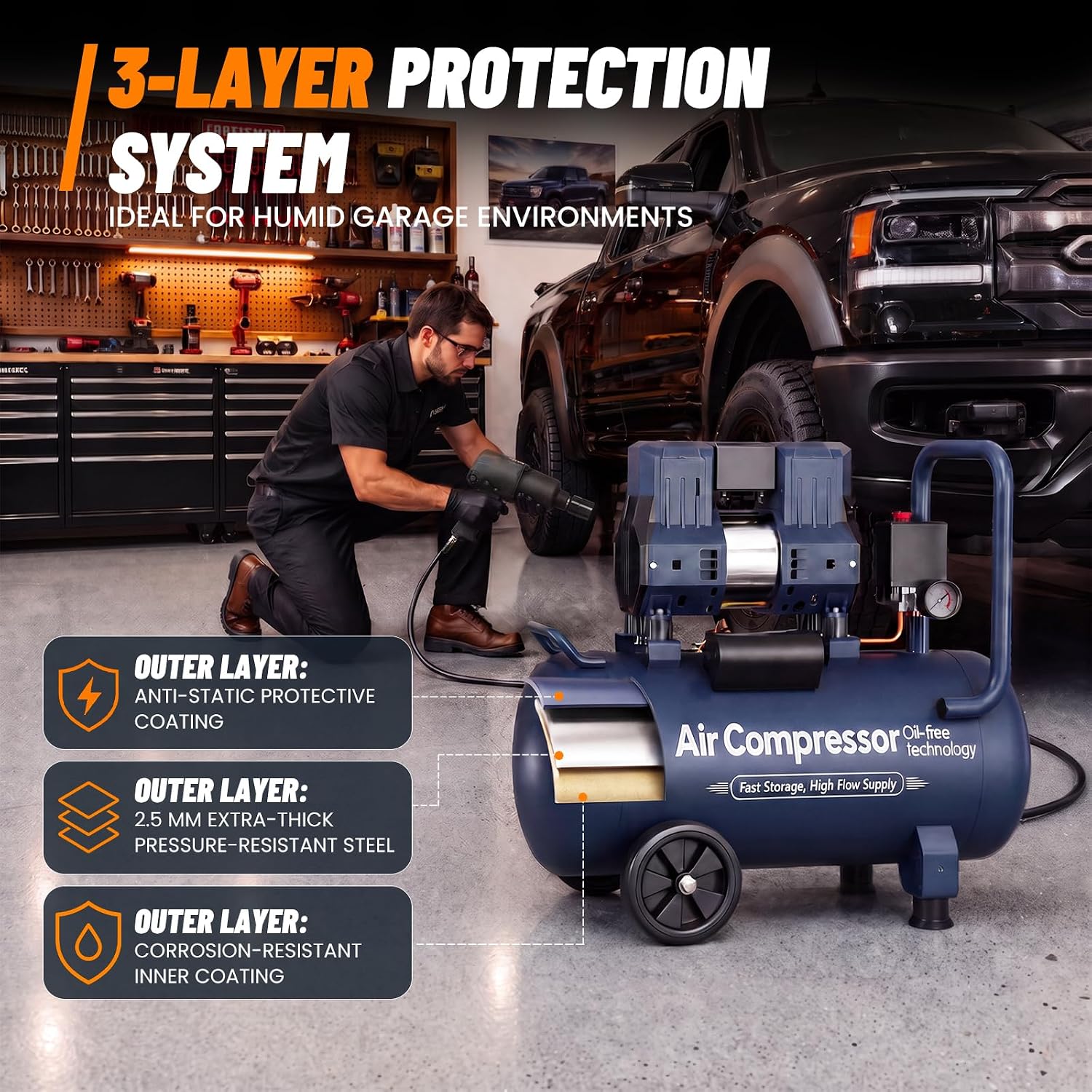 10 Gallon Quiet Oil-Free Air Compressor, Portable Air Compressor with 120 PSI Max Pressure, 5.26 CFM @ 90 PSI, Fast Recovery for Garage, Air Tools, Tire Inflation, Spray Painting & Woodworking