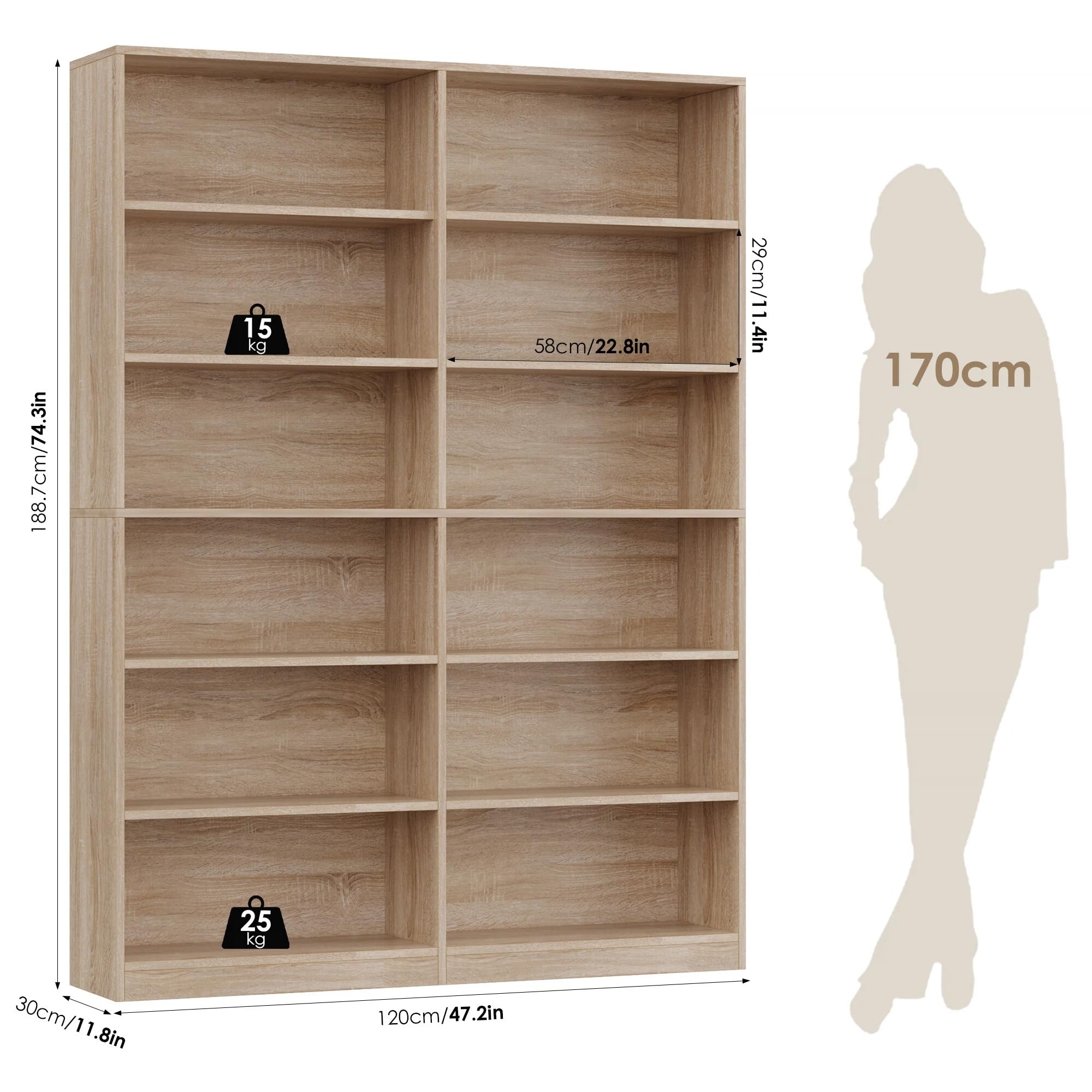 FirFurd Bücherregal Bücherschrank mit 12 Fächern 120x30x188,7 cm Eiche | Billy Regal, Raumteiler, Standregal doppelreihig, zur Aufbewahrung und Präsentation, für Arbeitszimmer Wohnzimmer
