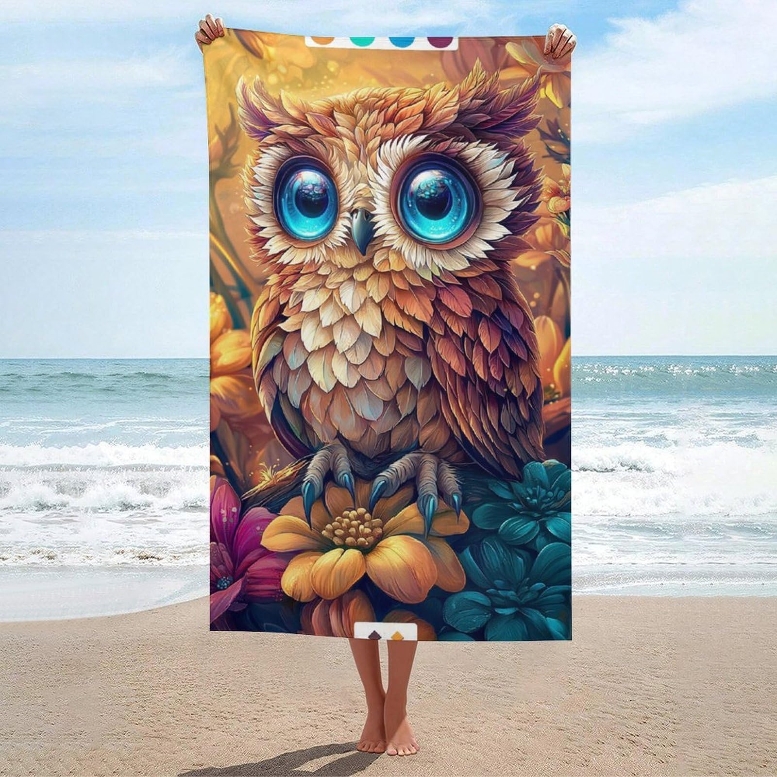 Serviette de plage natation douche microfiber bleu chouette