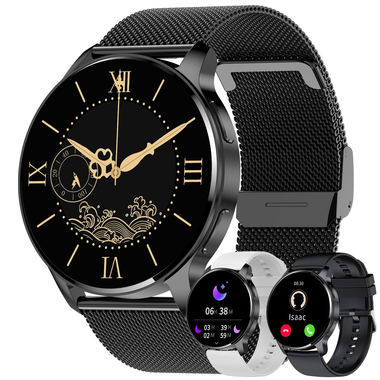 Smartwatch Damski Męski Inteligentny Zegarek Telefon 1.34" Ekran Dotykowy HD Zegarek Fitness Okrągły Wodoodporny Krokomierz Monitor Cykl Menstruacyjny Prezenty Android IOS [3 Paski]