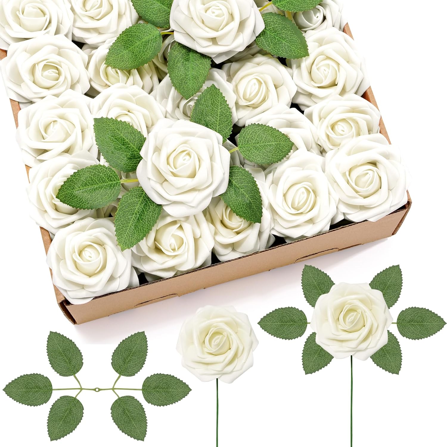 Lifewit Artificial Flowers, 50 Pcs Ivory Foam Real Looking Roses with Stems, Fake Roses for DIY Wedding Bouquets, Centerpieces Arrangements, Valentine Decorations