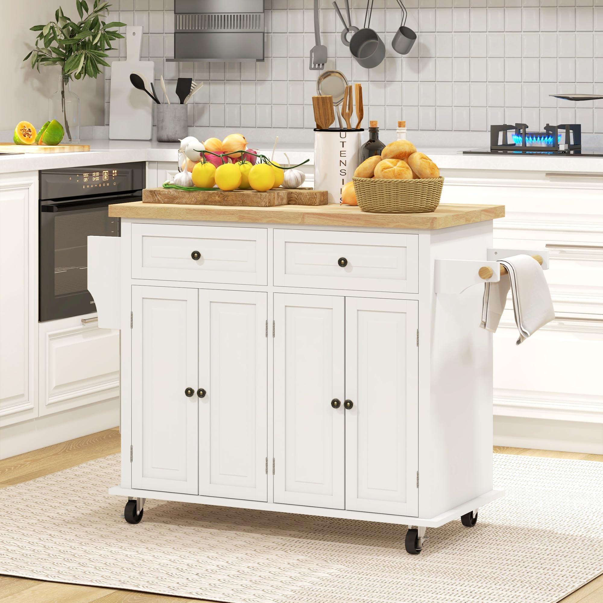 HOMCOM Kitchen Island on Wheels, Rolling Cart with Rubberwood Top, Spice Rack, Towel Rack and Drawers for Dining Room, Cream White