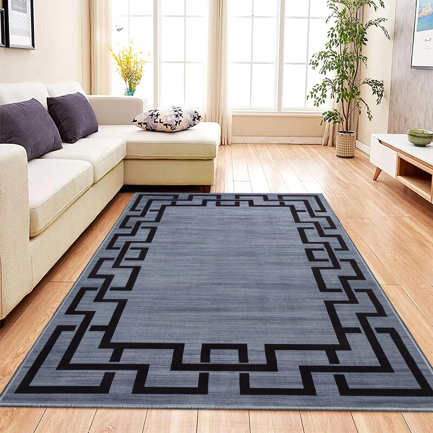 Aspire Homeware Rugs living room Bedside Rug 80 x 150 cm – Non-Shedding Floor Playing Mats for bedroom Lounge – Super Soft Greek key Design Printed Grey Rugs (Nico)