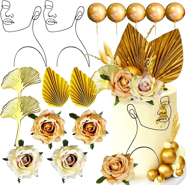 JeVenis Champagne Acrylic Minimalist Art Lady Face Cake Topper Rose Cake Topper Gold Leaves Wedding Cake Toppers for Wedding Bridal Shower Birthday Party