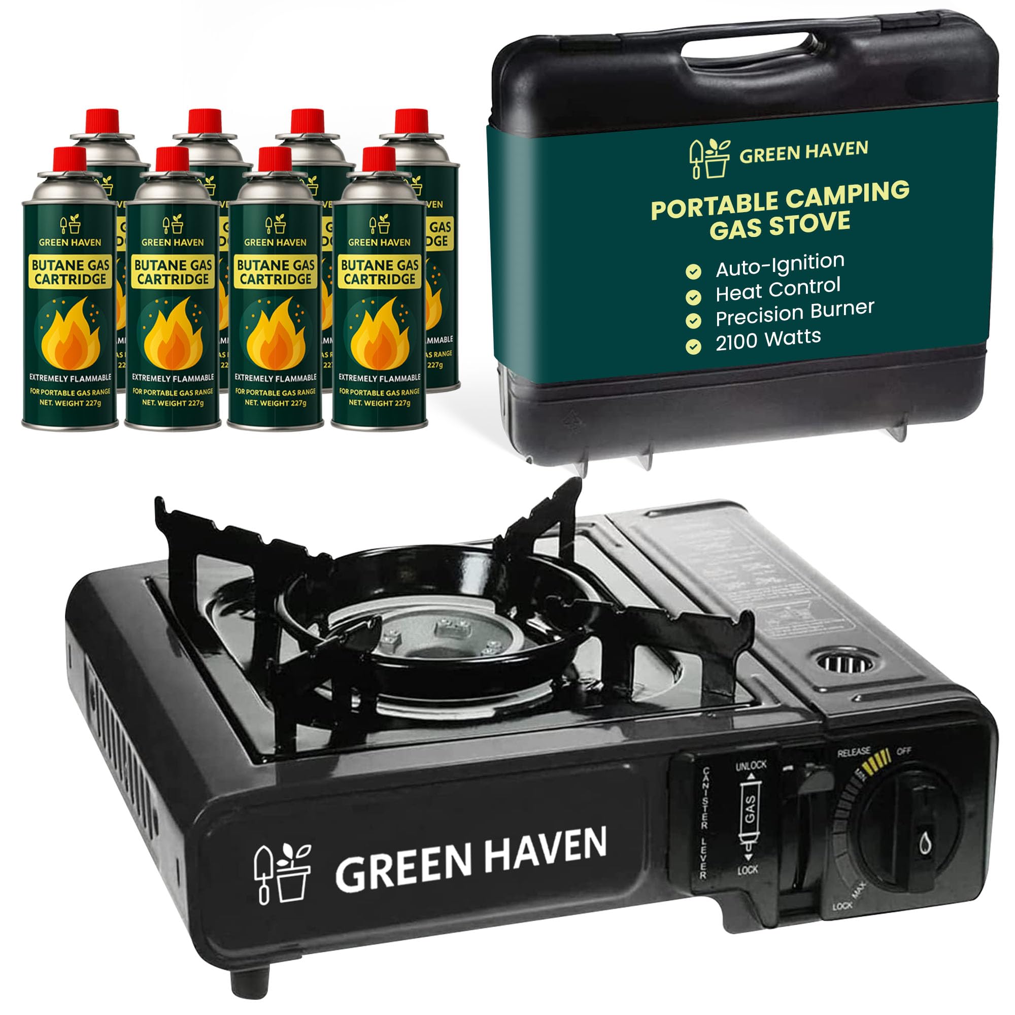 GREEN HAVEN Black Portable Camping Stove with Cary Case & 8 Butane Gas - Premium Camping Gas Stove, EN417 Compliant, Portable with Automatic Ignition & Heat Control