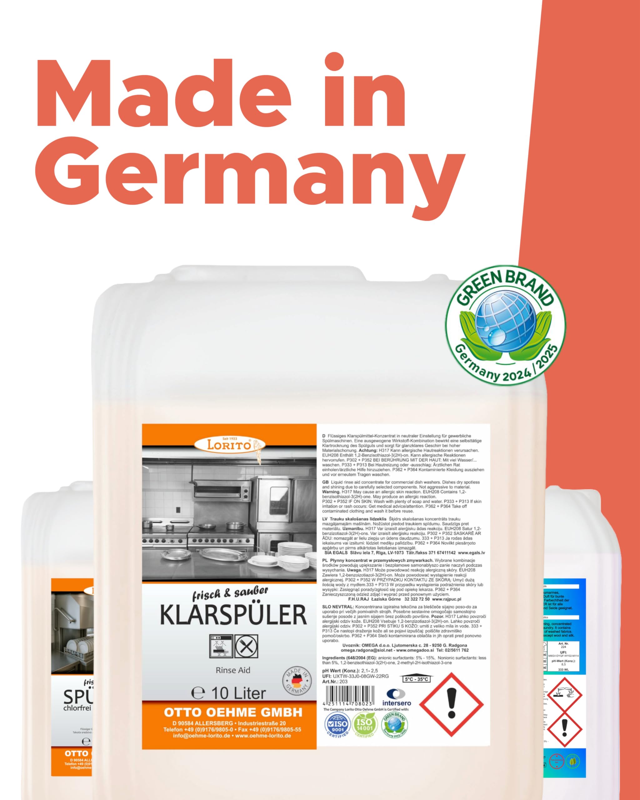 Lorito Set frisch & sauber Spülrein Spülmaschinenreiniger 2 x 10 L & Klarspüler für Spülmaschine 2 x 10 L - Profi-Reinigungsmittel gegen hartnäckige Verunreinigungen