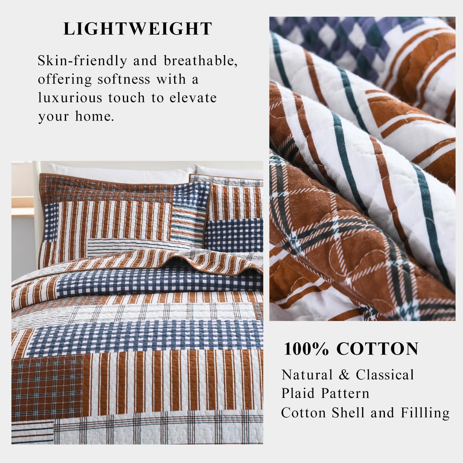 WINLIFE Cotton Plaid Quilt Set 3 Pieces King Size Patchwork Stripes Bedspread with 2 Shams, Lightweight Reversible Bedding Coverlet, 106''x98''