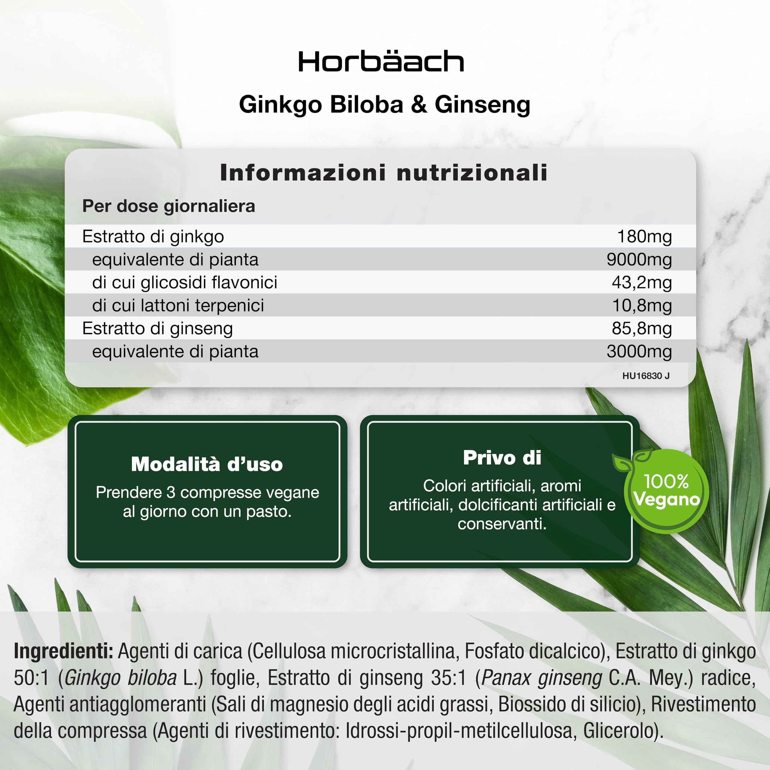 Ginkgo Biloba e Ginseng Integratore 12000mg | 180 Compresse Vegane | Ginkgo 9000 mg e Radice di Ginseng Coreano 3000 mg | di Horbaach