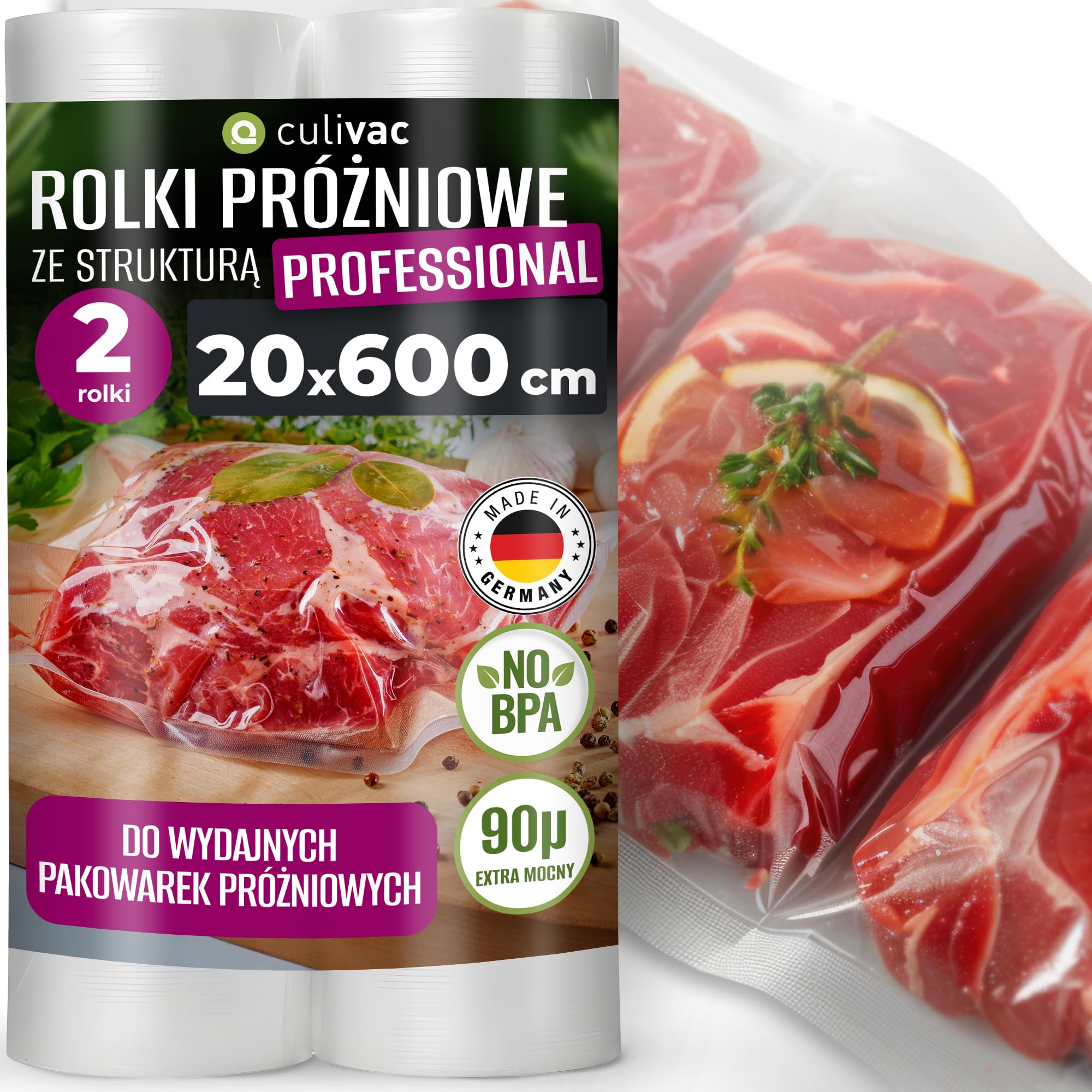 culivac 2 rolki folii 20 x 600 cm, rolki próżniowe Pro do zgrzewarki próżniowej, zgrzewarki próżniowej, nie zawiera BPA, folia próżniowa, rolka, worki foliowe
