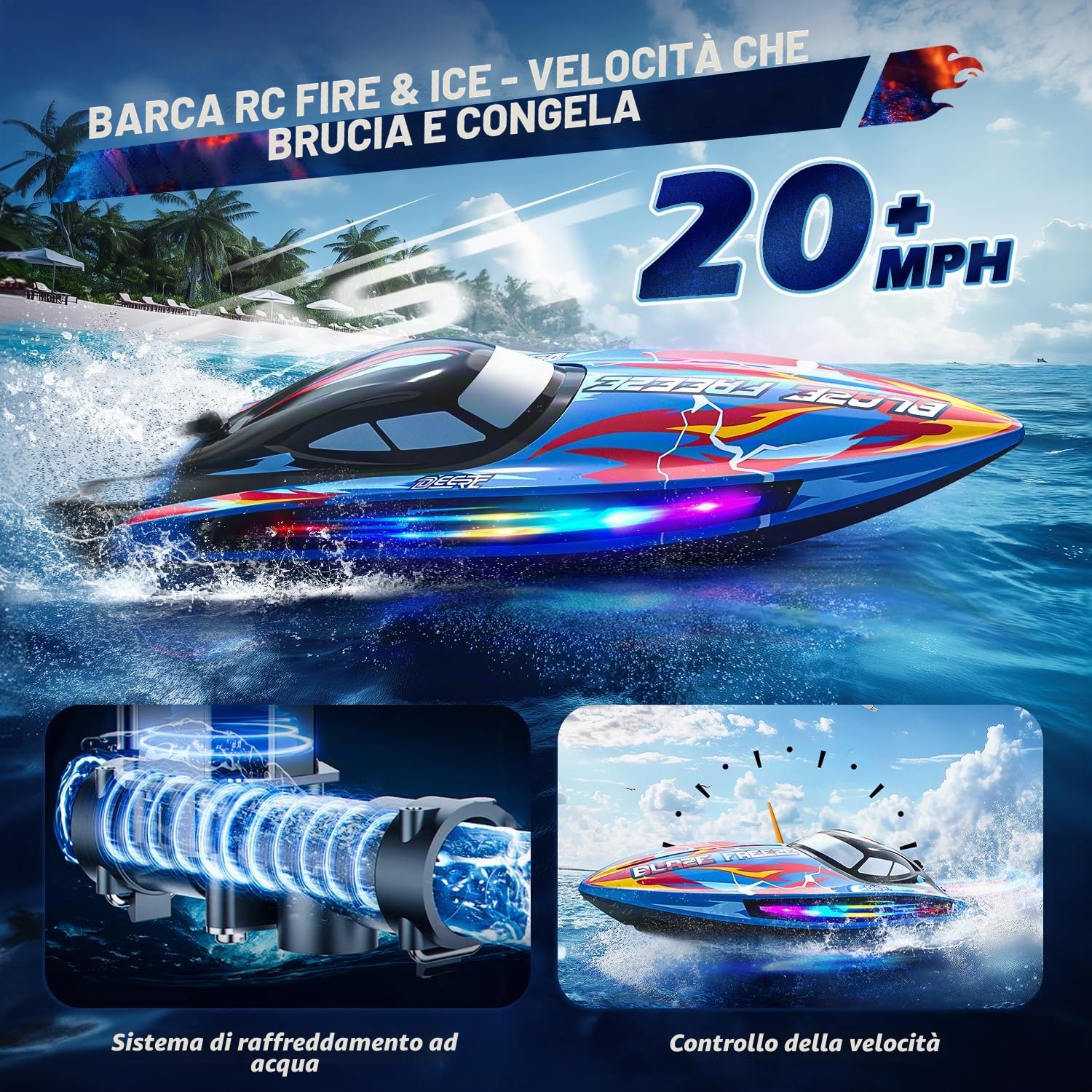 DEERC Barca Telecomandata veloce per piscina e lago con luce LED, 20+MPH, 40+ Mins, motoscafo da corsa telecomandato autoraddrizzante per bambini, giocattolo acquatico estivo a 2,4 GHz