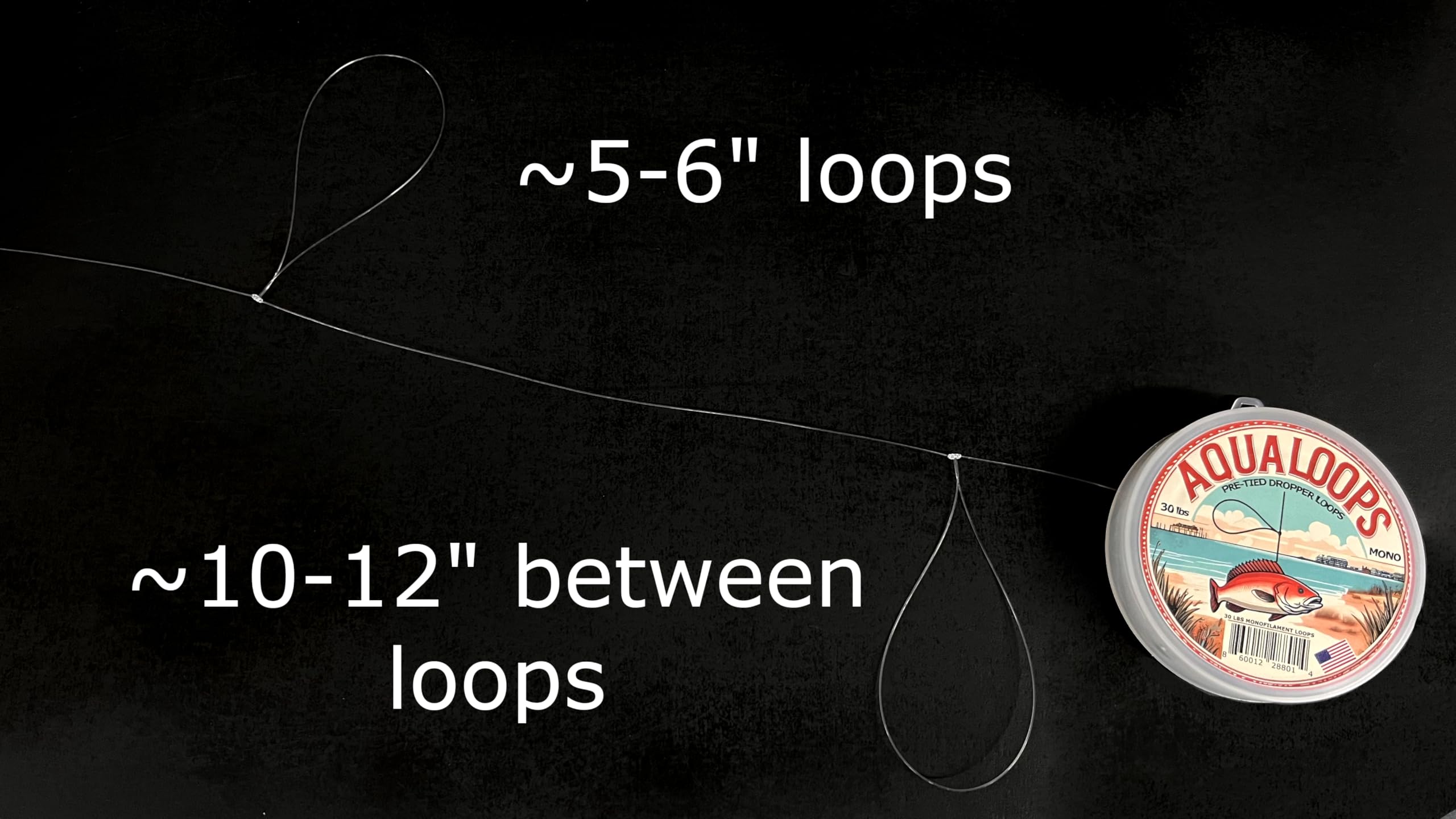 Pre-Tied Dropper Loops - 12Lbs Flourocarbon- 80 Loops 12 inches Apart - Made in USA