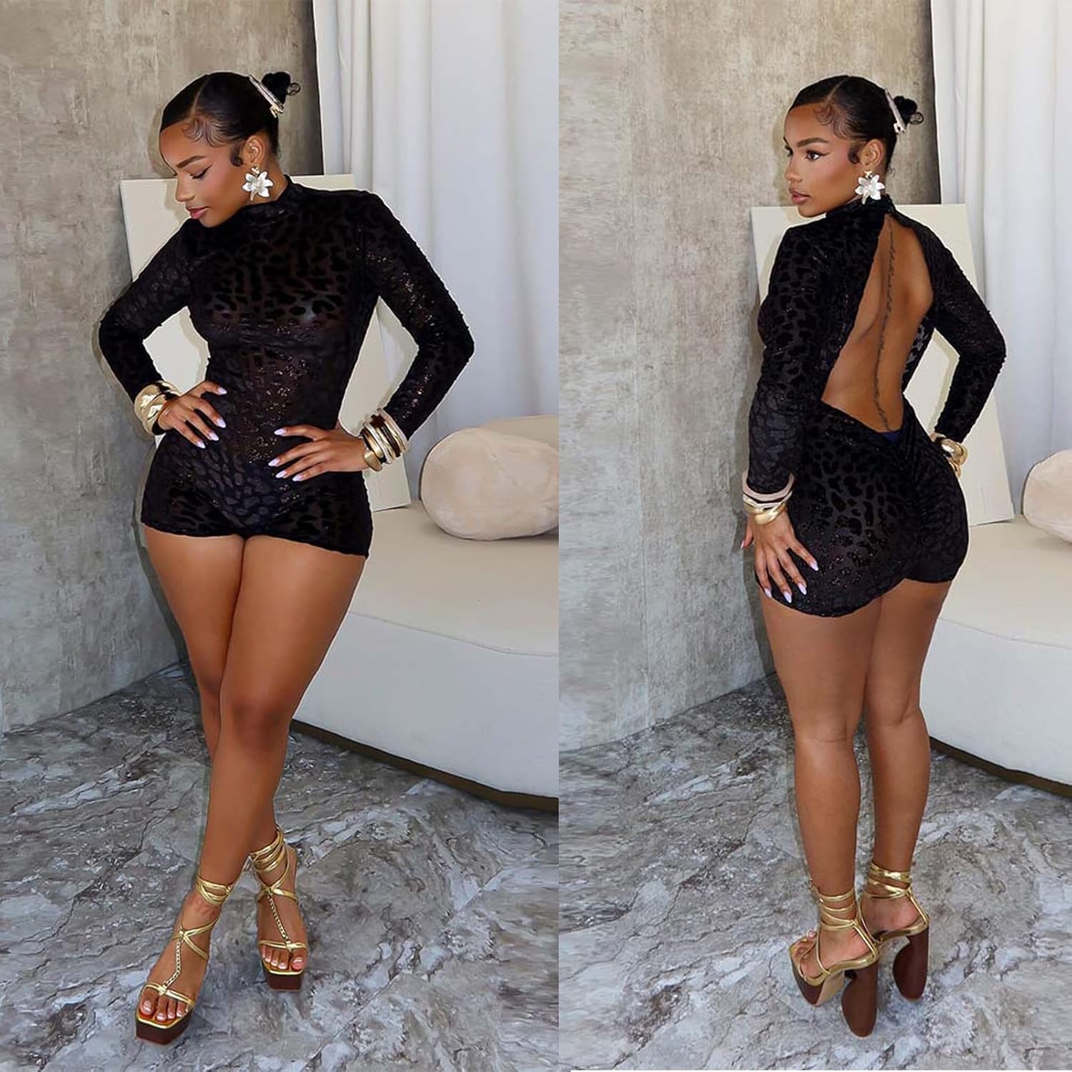 Women Sexy One Piece Mesh Patchwork Short Jumpsuit See Through Long Sleeve Backless Club Bodycon Rompers - Image 4