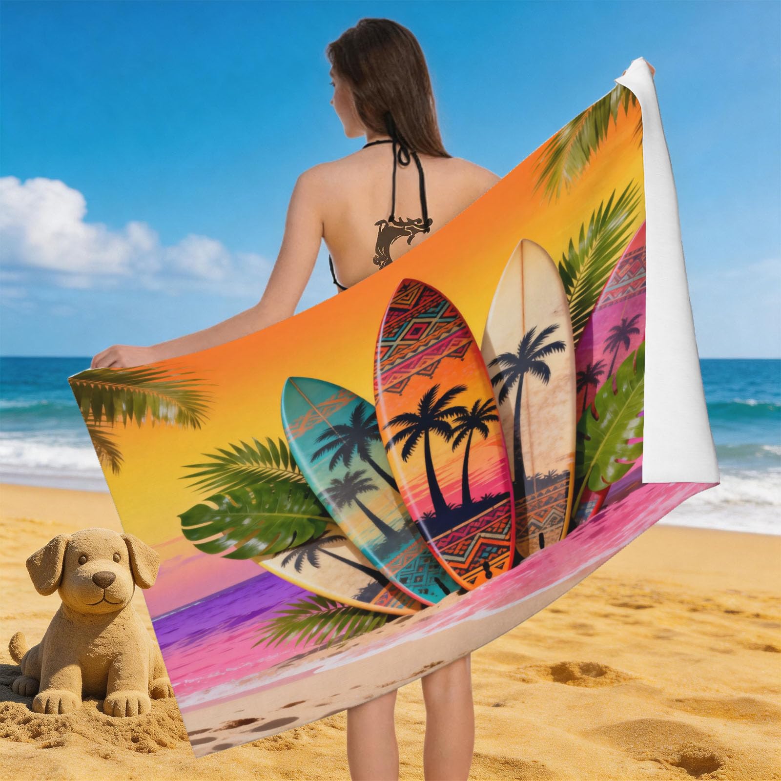 Leichong 3D Surfboard Beach Towel Large Microfiber Soft Quick Dry for Adults, Sea Ocean Printed Bath Towel Lightweight Soft Absorbent for Travel Swimming Pool Sports, 80 x 160 cm