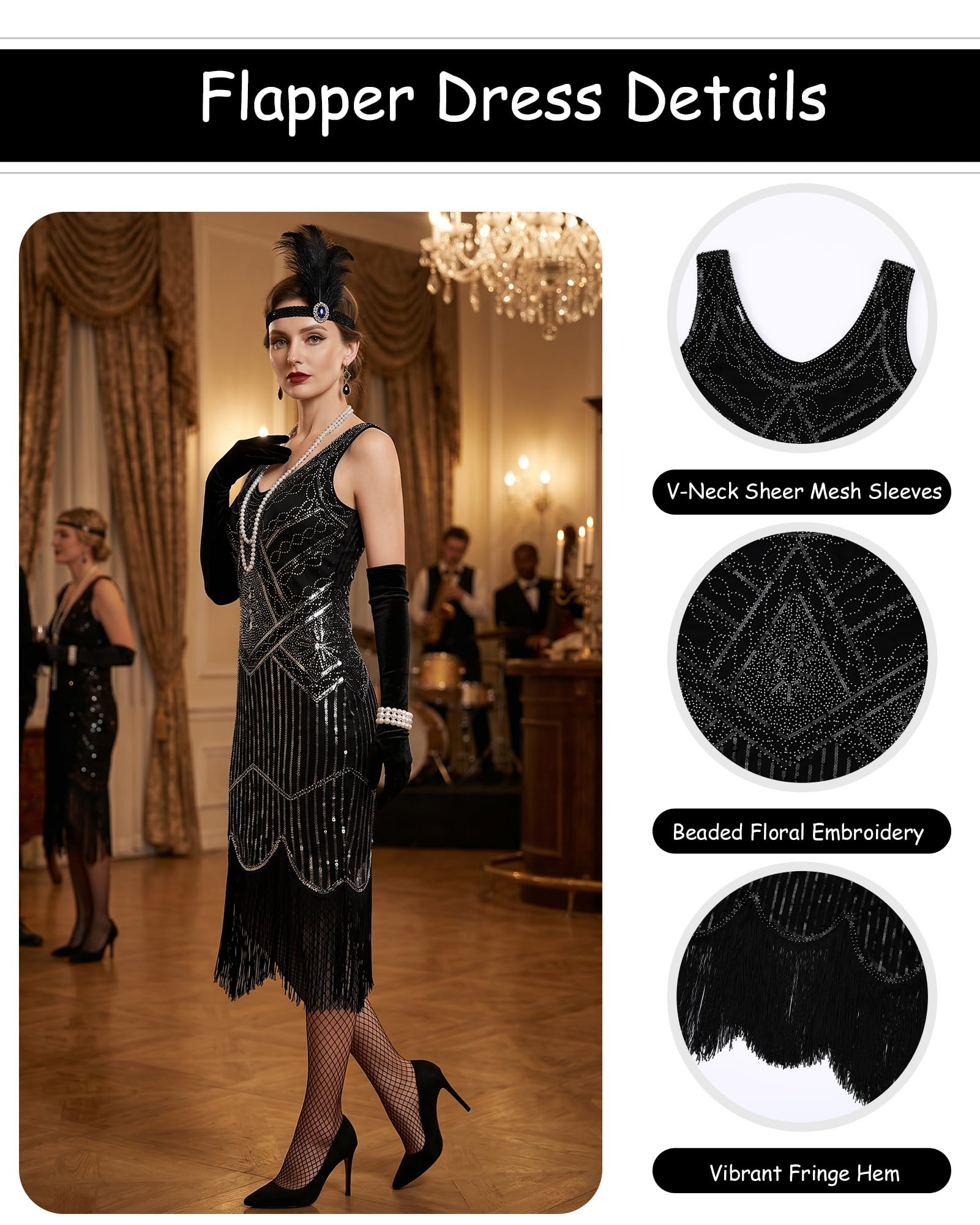 Robe Gatsby des années 1920 pour femme - Paillettes et cachemire | Costume années 1920 - Gatsby le Magnifique - Robe de cocktail glamour à paillettes - Motif cachemire