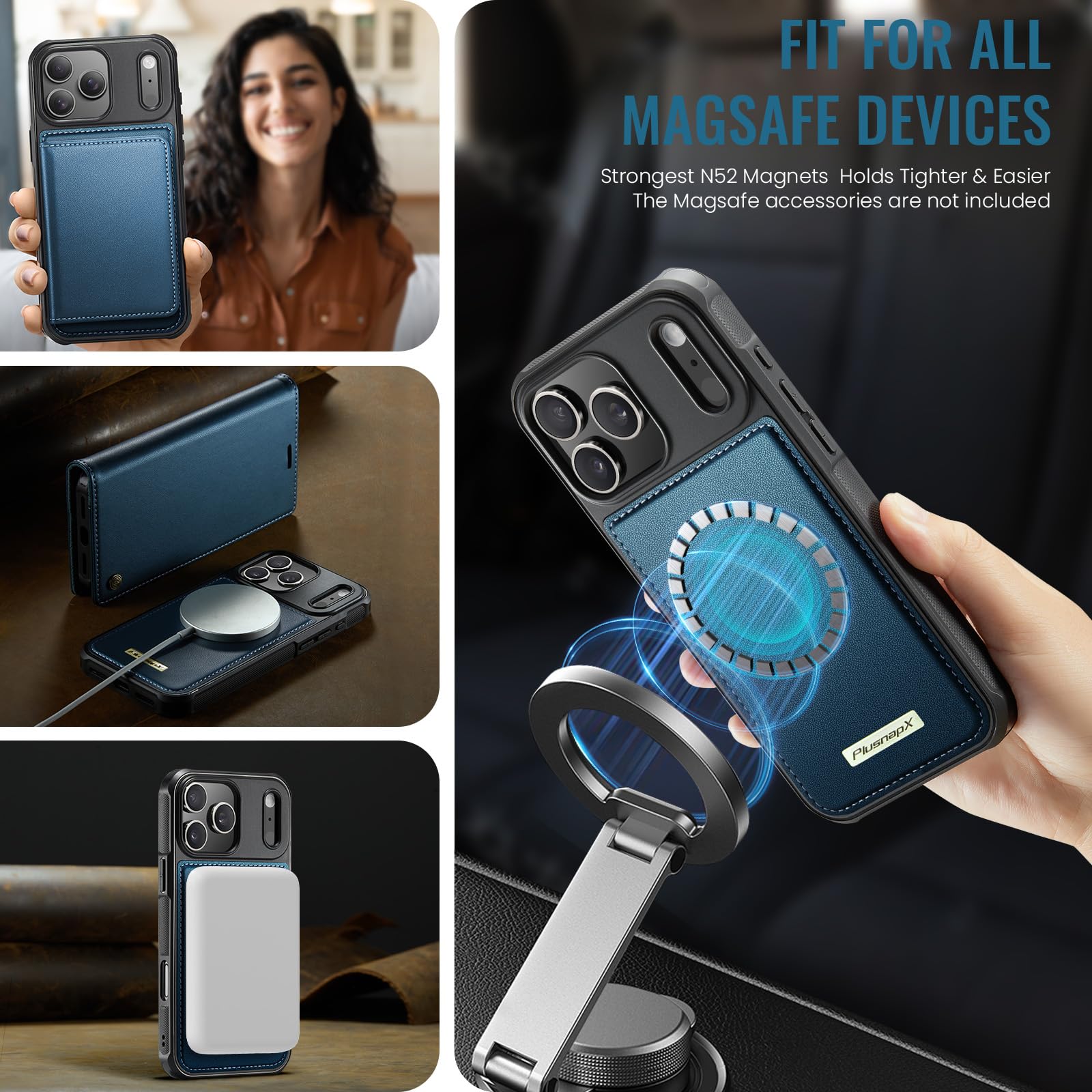 Custodia a portafoglio staccabile per iPhone 17 Pro Max 2 in 1 | Compatibile con Magsafe, magnetico, porta carte di credito con blocco RFID, antiurto, cavalletto, ricarica wireless