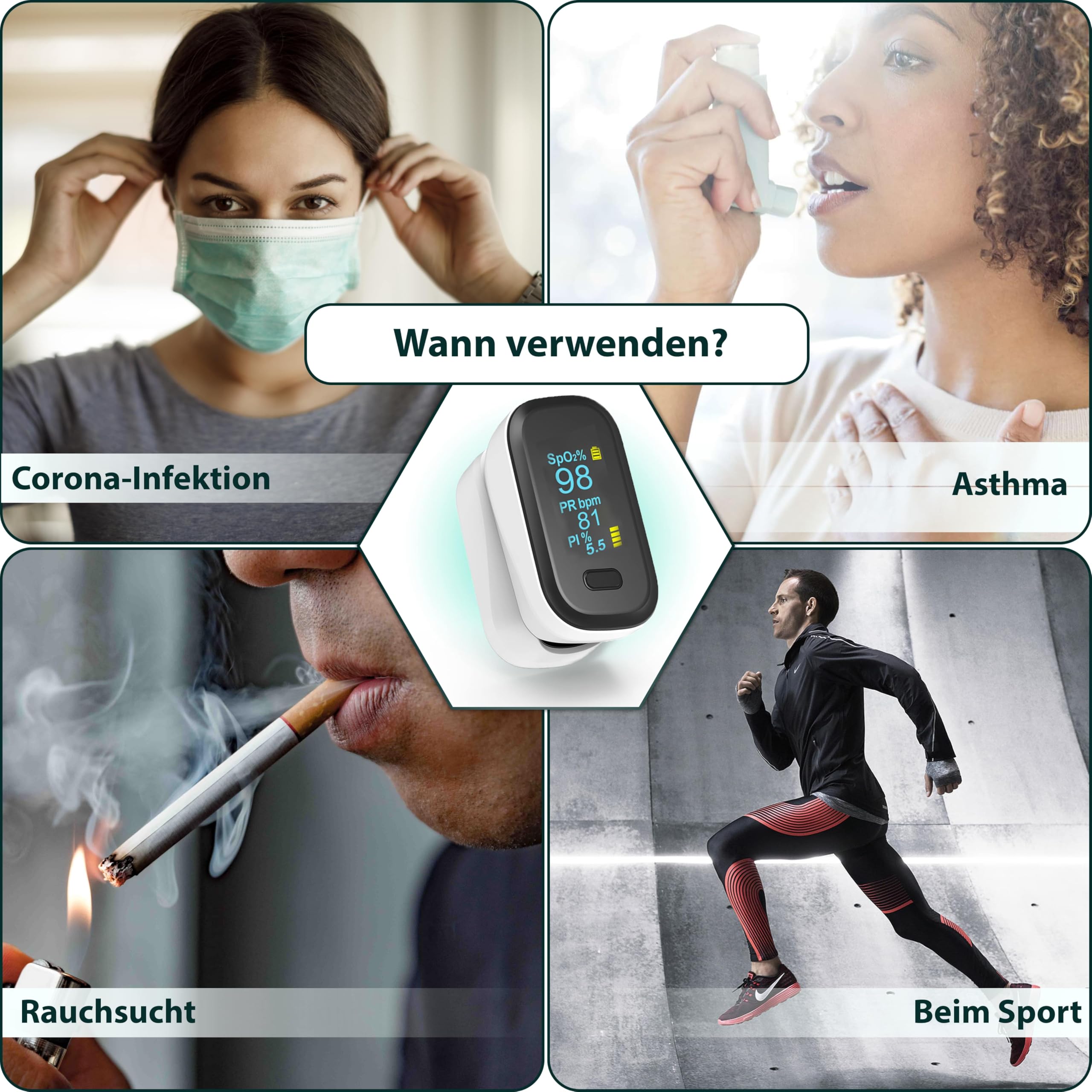 Pulsoximeter Fingeroximeter – Sauerstoffsättigung Finger Messgerät für SpO2 & Pulsmesser, Digitales Blutsauerstoffmessgerät mit OLED-Display, PI-Anzeige – Für Erwachsene, Kinder & Baby