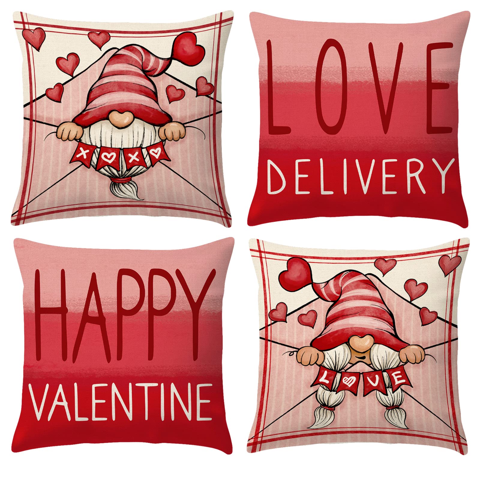 Valentines Day Pillow Covers 18x18 Set of 4 Valentine Gnomes Linen Cushion Decorative Throw Pillow Covers Sofa Couch Anniversary Wedding Valentine Home Decor