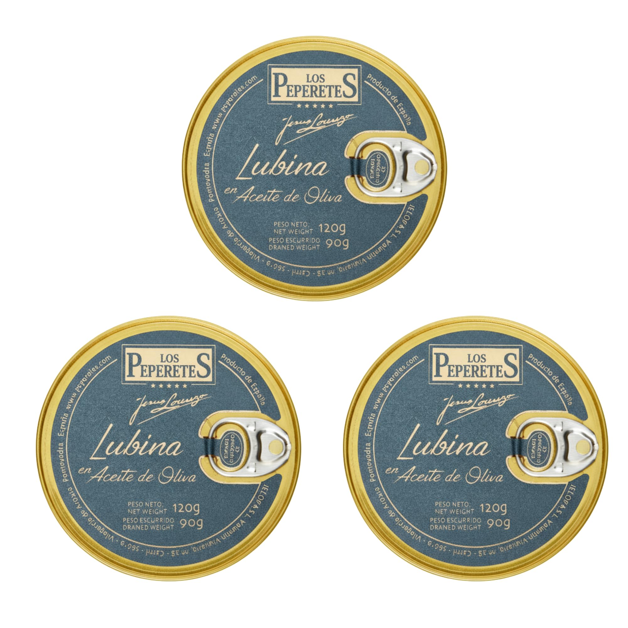 LOS PEPERETES x3 Lata Lubina en Aceite de Oliva 120 g | Pescado Blanco Gourmet del Atlántico | Conserva Artesanal Gallega con Aceite de Oliva Virgen Extra | Producto Natural y Saludable