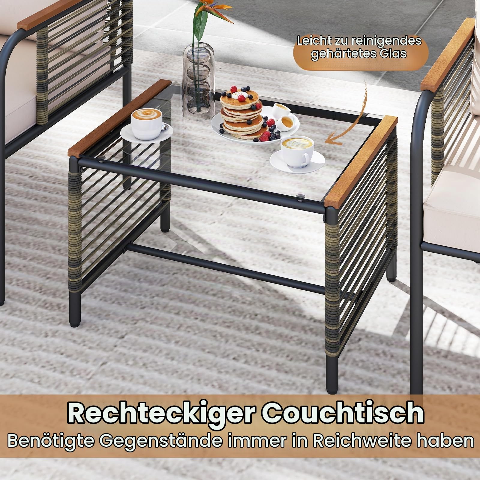 FANTASK Rattan Gartenmöbel Set für 2 Personen, Terrassenmöbel Set inkl. 2 Stühle mit Kissen, Hocker & Tisch, Gartengarnitur, Gartenlounge für Garten, Balkon, Terrasse (Beige)