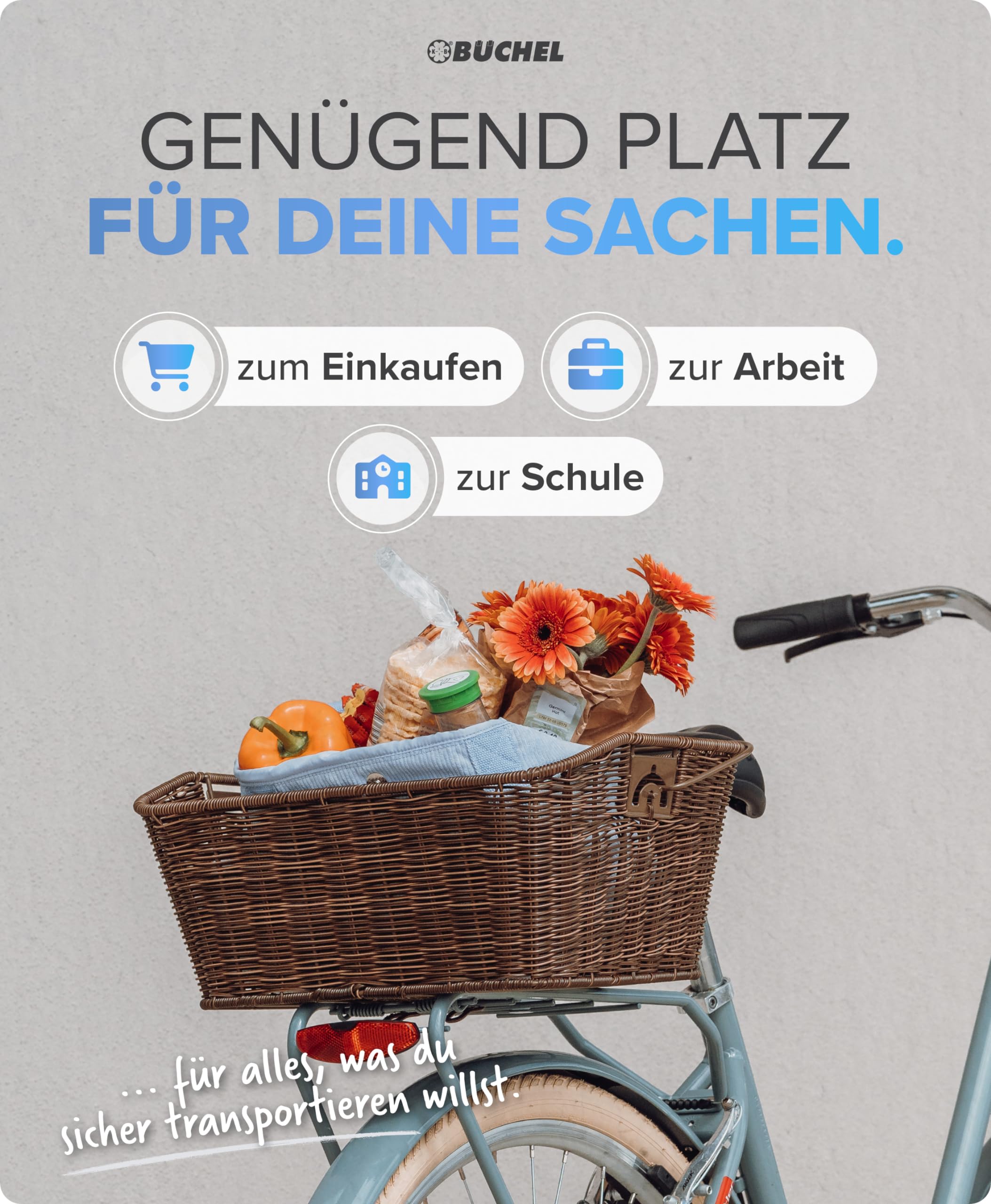 Büchel Fahrradkorb hinten - Fahrradkorb abnehmbar hinten I einfache Befestigung mit innovativem Halteclip I aus hochwertigem Polyrattan I Fahrrad Korb für hinten aus hochwertigem Polyrattan
