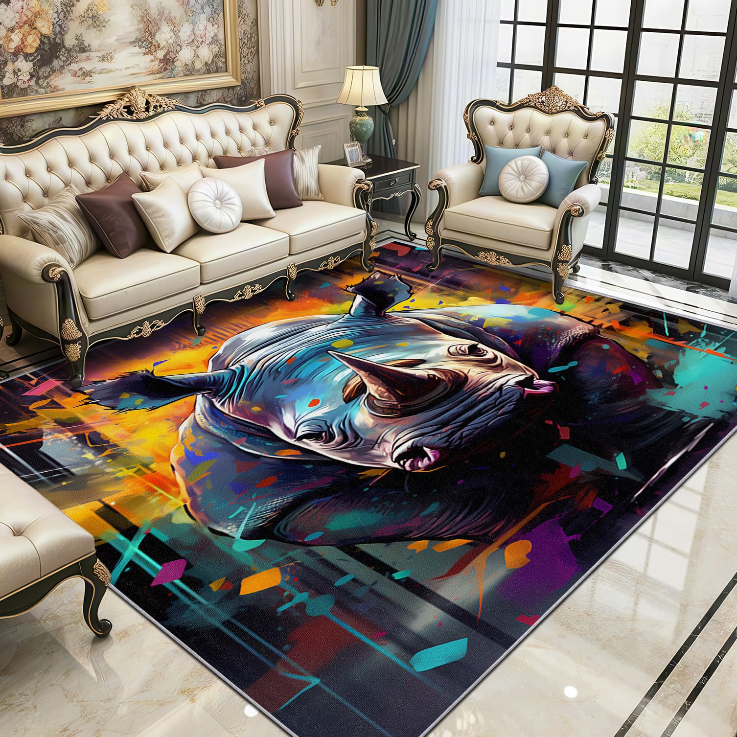 Rhino Rug - Colourful Splatter Animal Small Rugs for Bedroom 60x90, Modern Wildlife Graffiti Floor Mat Soft Washable Non Slip Indoor Mats, Rhino Room Decor