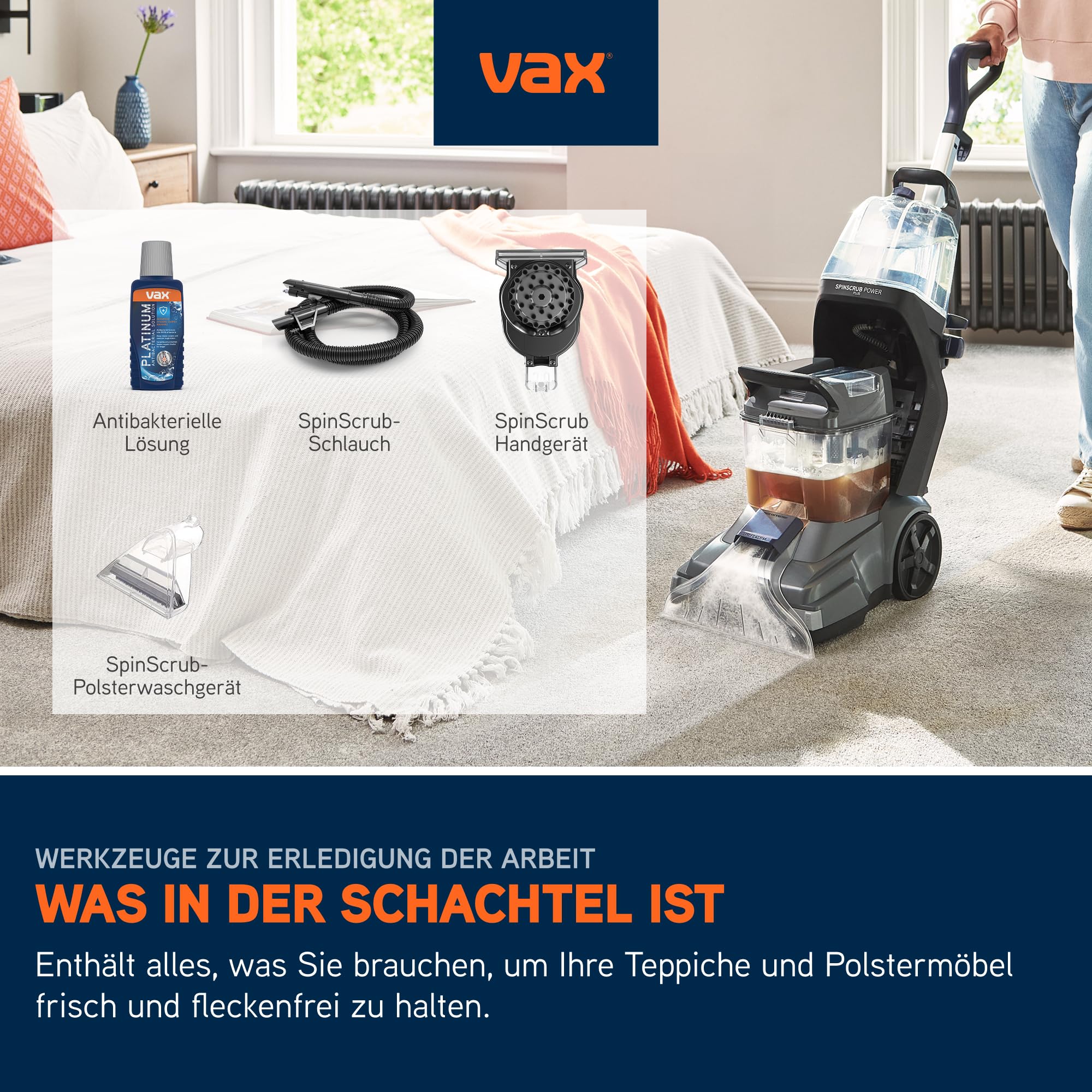 Vax SpinScrub Power Plus Polsterreiniger Gerät Teppichreiniger für Polster & Fleckenentfernung mit SpinScrub-Technologie, XL-Tank, schnelltrocknende Leistung und kraftvolle Haushalt Reinigung