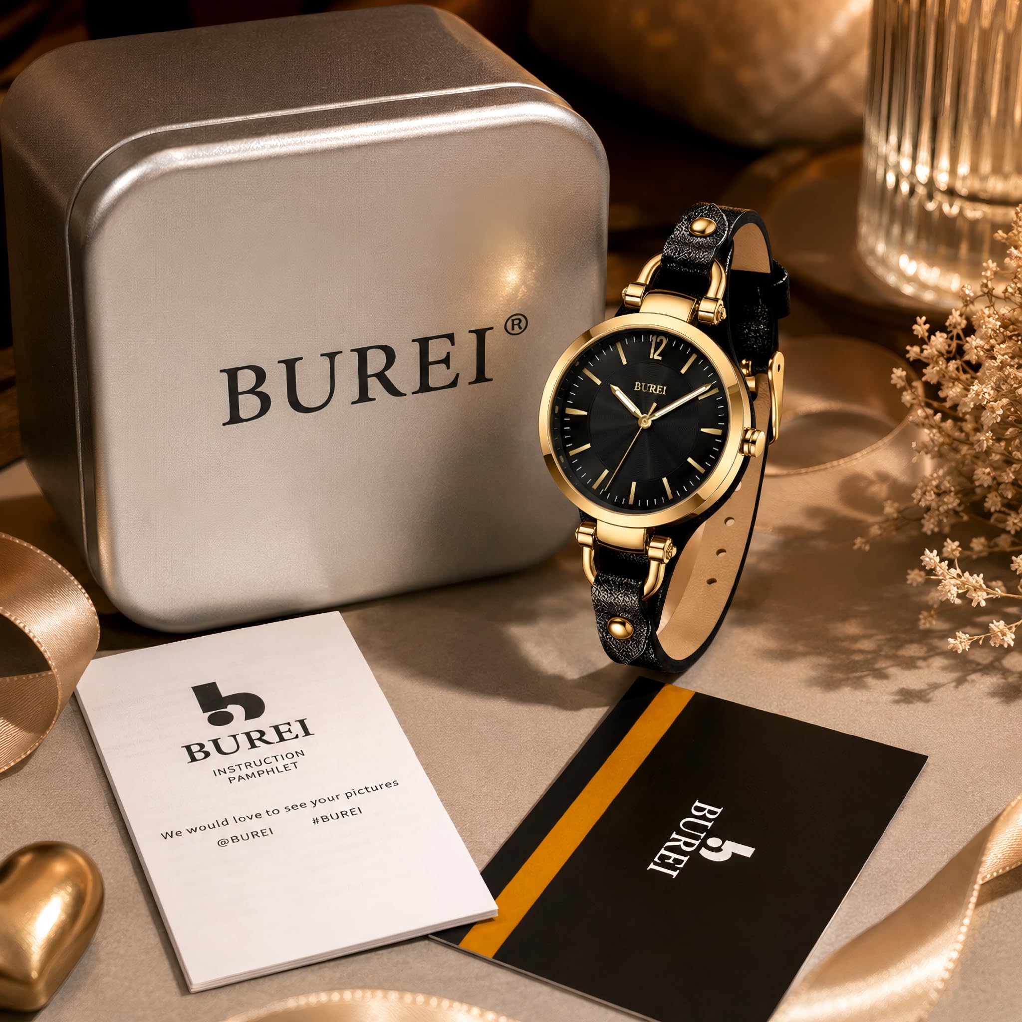 BUREI Relogio Feminino - Orologio da polso da donna, semplice, con cinturino in pelle, di lusso, al quarzo, sottile, con quadrante nero dorato