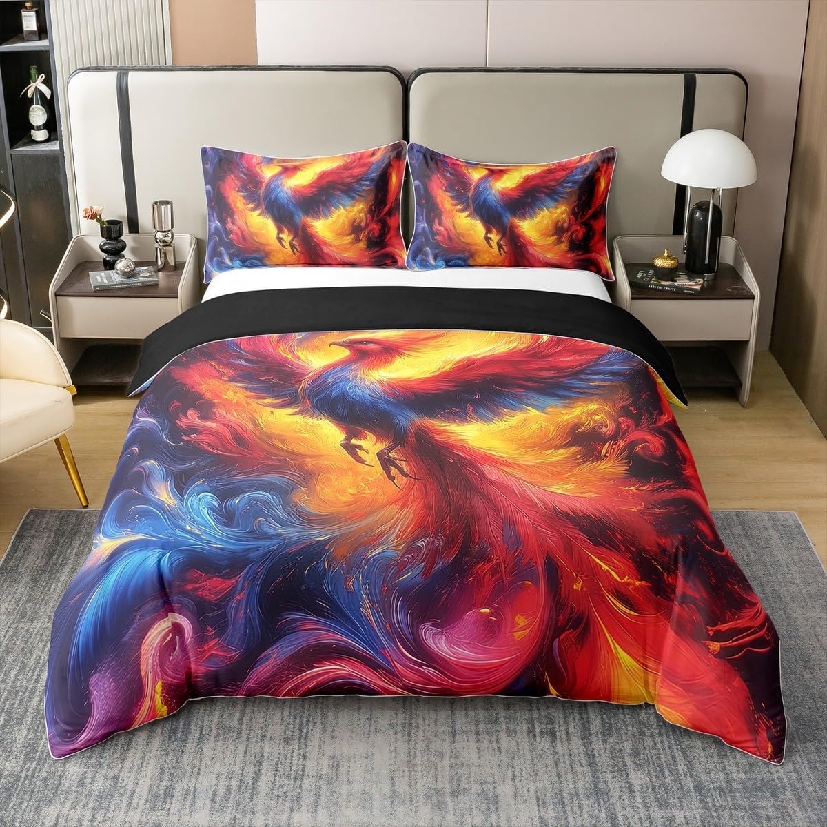 Erosebridal Fire Phoenix 100% Cotton Duvet Cover Twin for Kids Girls Boys Teens Flame Bird Theme Bedding Set Magic Fantasy Wild Animal Comforter Cover Soft Breathable 3D Printed Ancient Wildlife