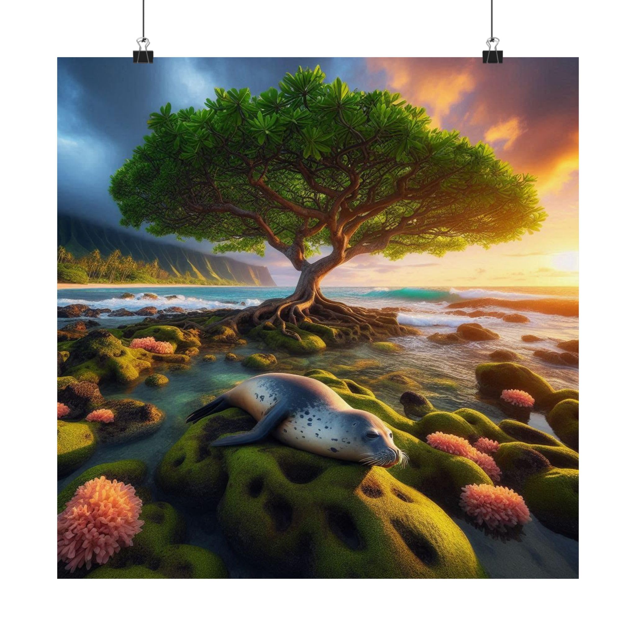 Hala Tree and Hawaiian Monk Seal Poster – Coastal Reef Zones in Kauai, Hawaii – Made in USA – 18x18 Inch