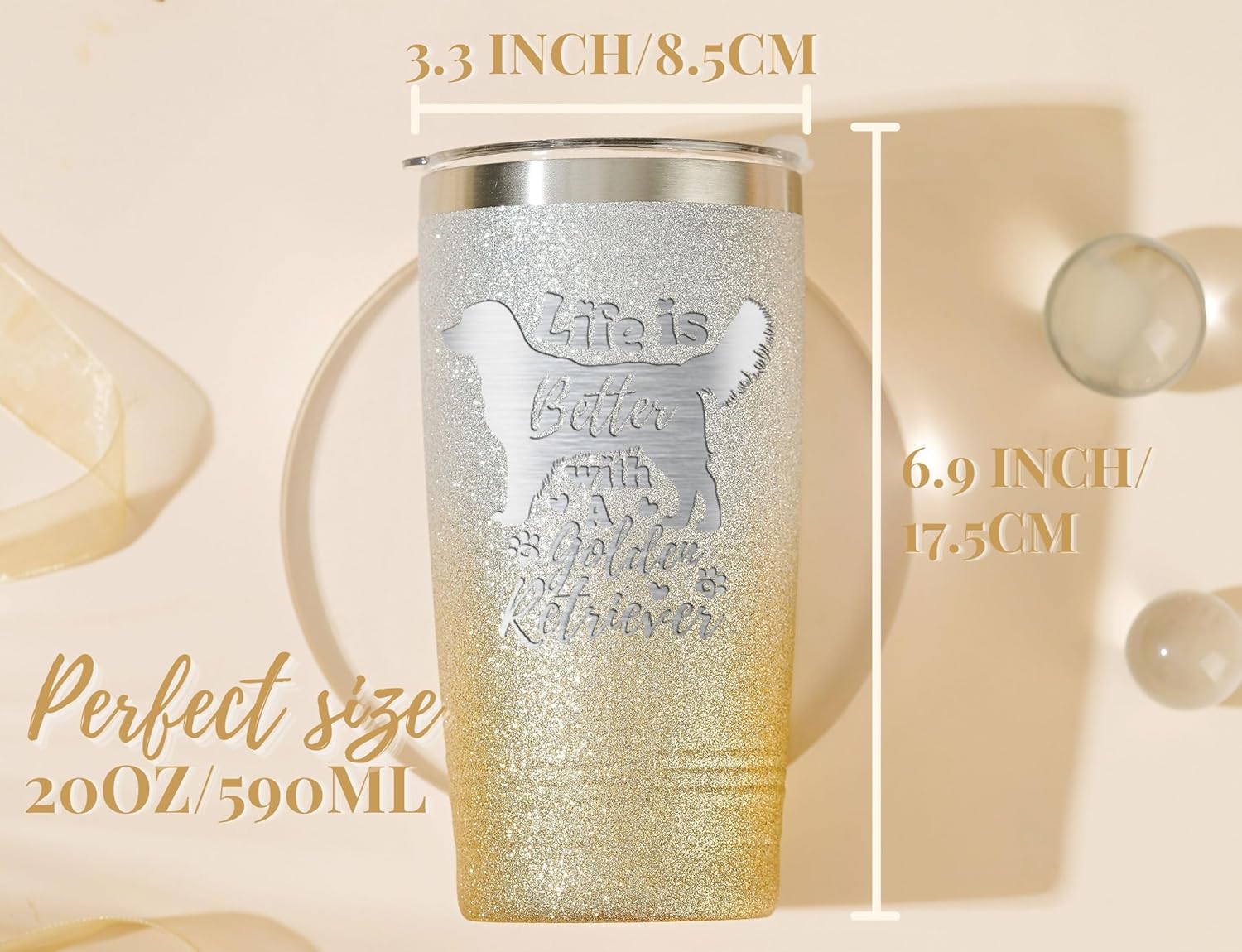 Onebttl Golden Retriever Gifts for Women, Life Is Better With A Golden Retriever, 20Oz Stainless Steel Travel Mug, Glitter Gold & Silver - Image 4