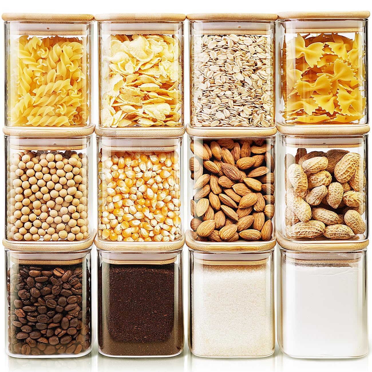 HomArtist Tarros cuadrados de vidrio con tapas de bambú de 17 onzas líquidas [juego de 12], recipientes de vidrio con tapas herméticas, recipientes de vidrio para almacenamiento de alimentos para